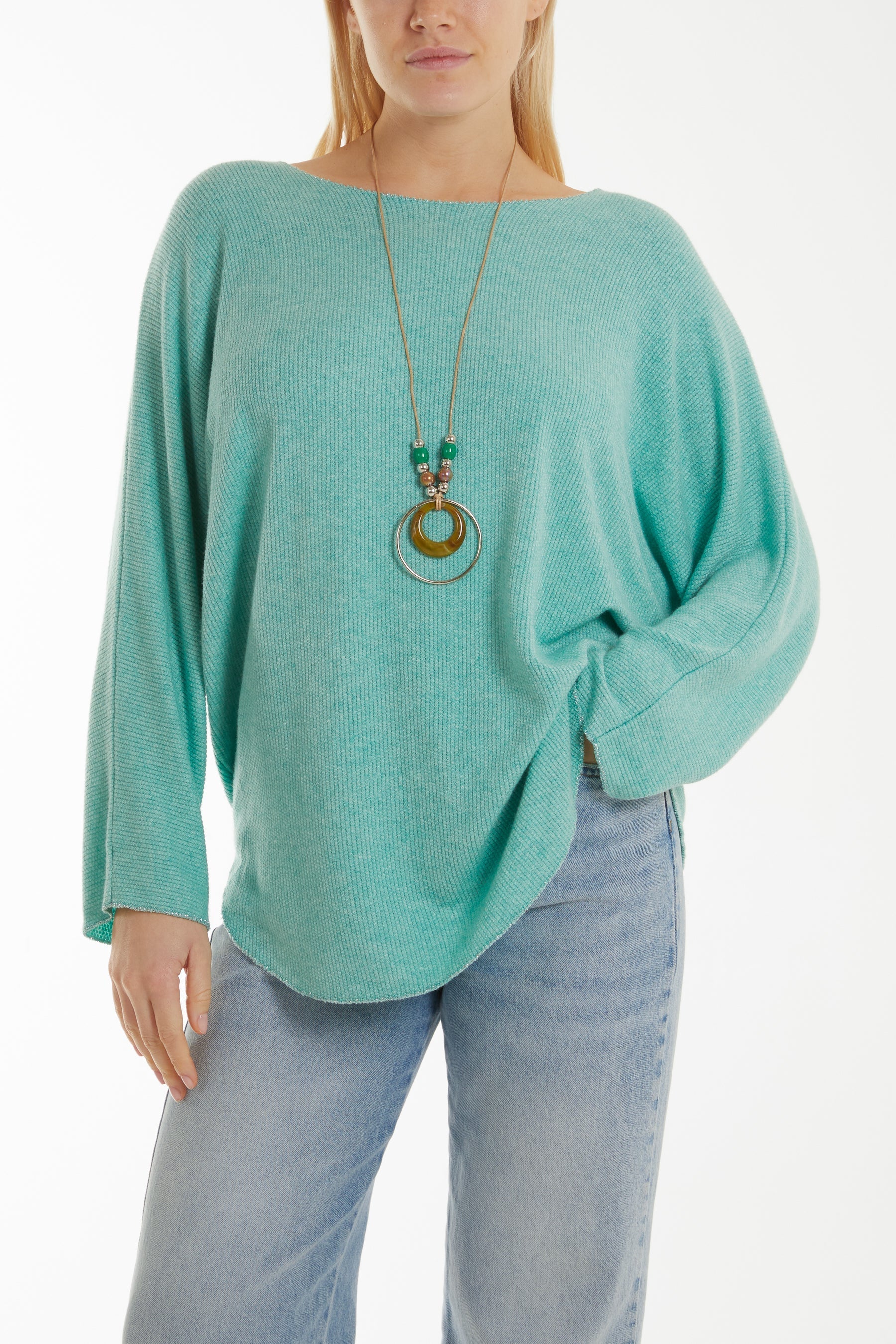 Denim Waffle Fine Knit Batwing Necklace Jumper For Women ONE SIZE - Dropwear