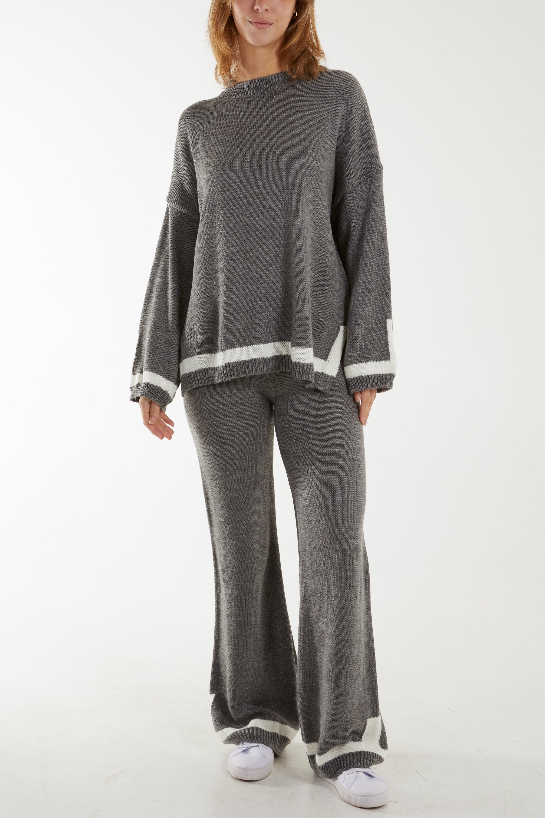Grey Contrast Detail Knitted Co-Ord Set For Women ONE SIZE - Dropwear