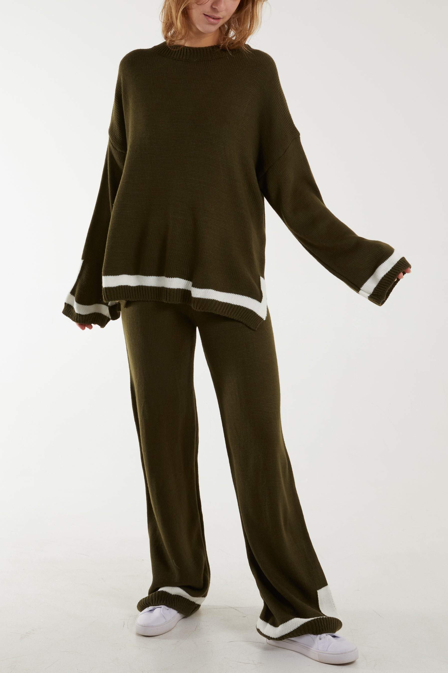Contrast Detail Knitted Co-Ord Set For Women  - Dropwear