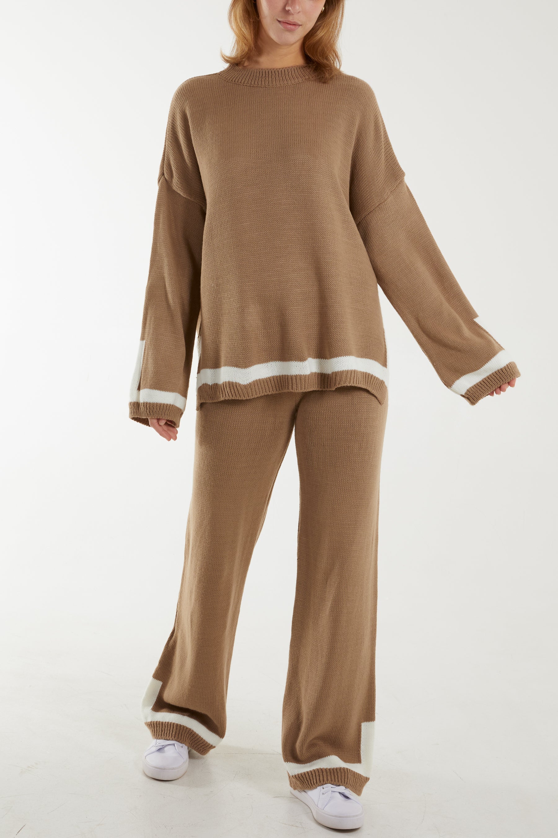 Contrast Detail Knitted Co-Ord Set For Women  - Dropwear