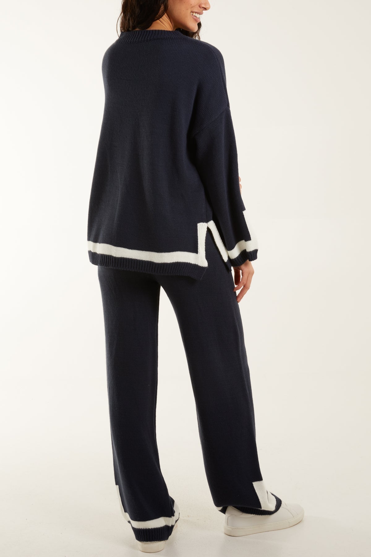 Navy Contrast Detail Knitted Co-Ord Set For Women ONE SIZE - Dropwear