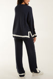 Navy Contrast Detail Knitted Co-Ord Set For Women ONE SIZE - Dropwear