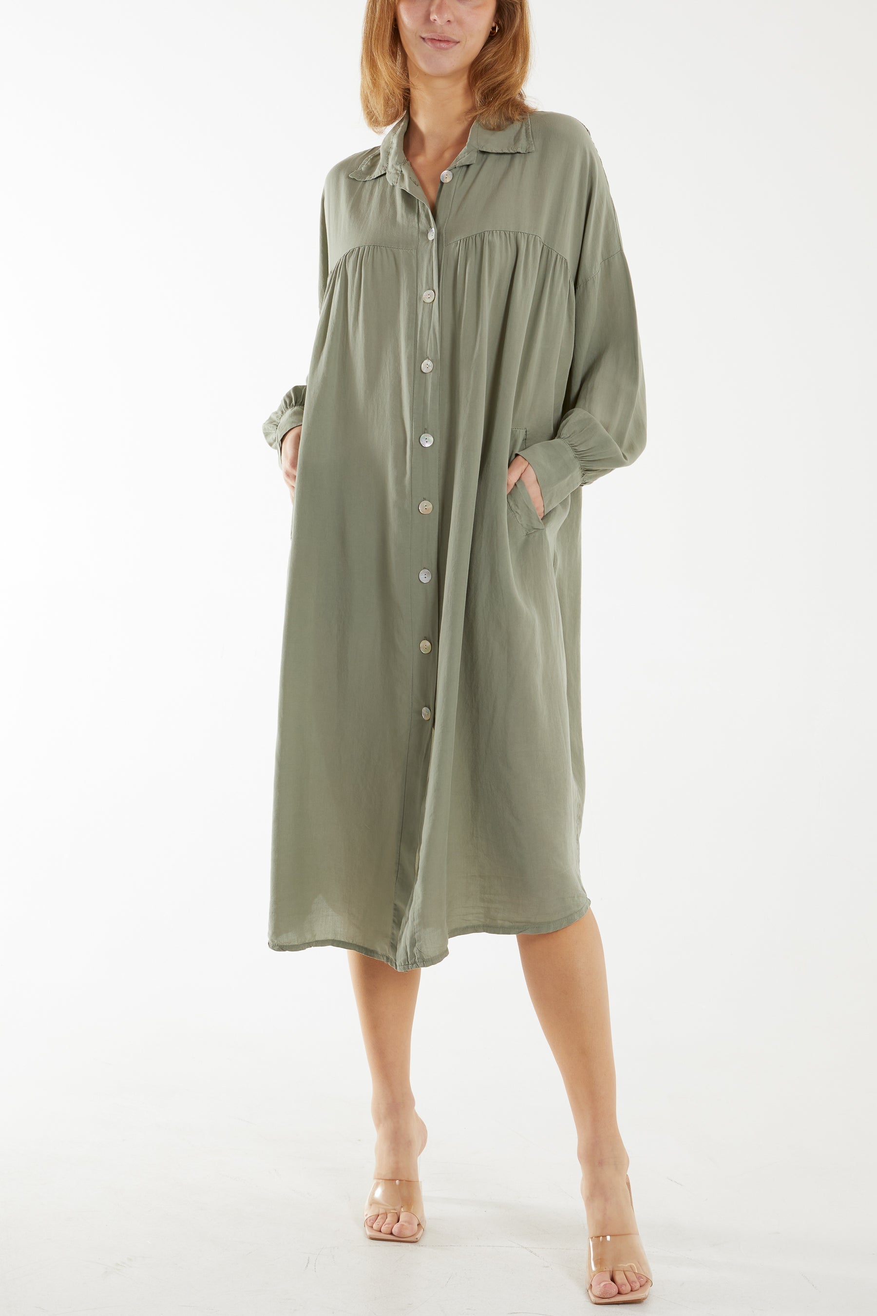 Denim Long Sleeve Pockets Shirt Dress For Women ONE SIZE - Dropwear