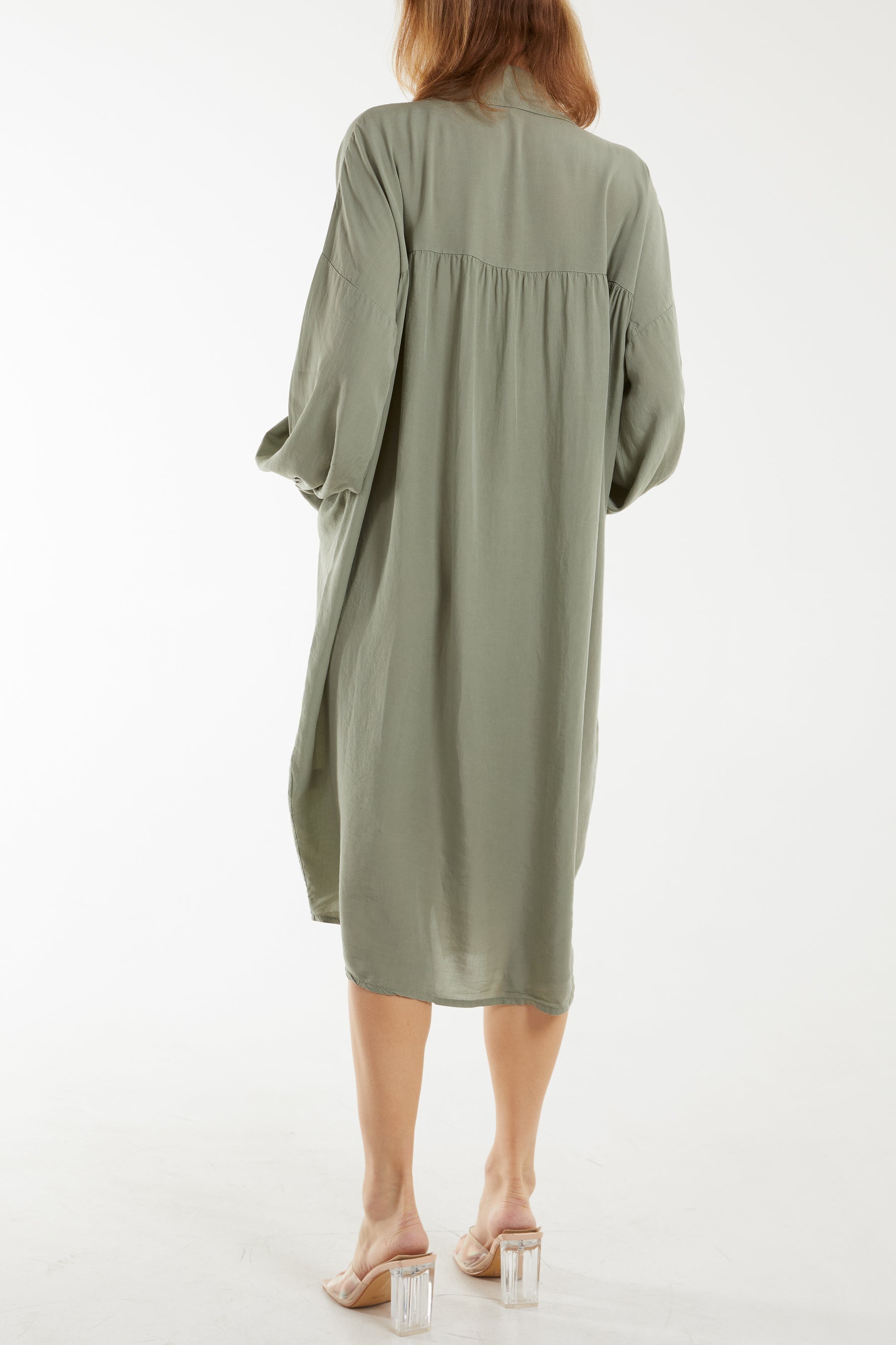 Khaki Long Sleeve Pockets Shirt Dress For Women ONE SIZE - Dropwear