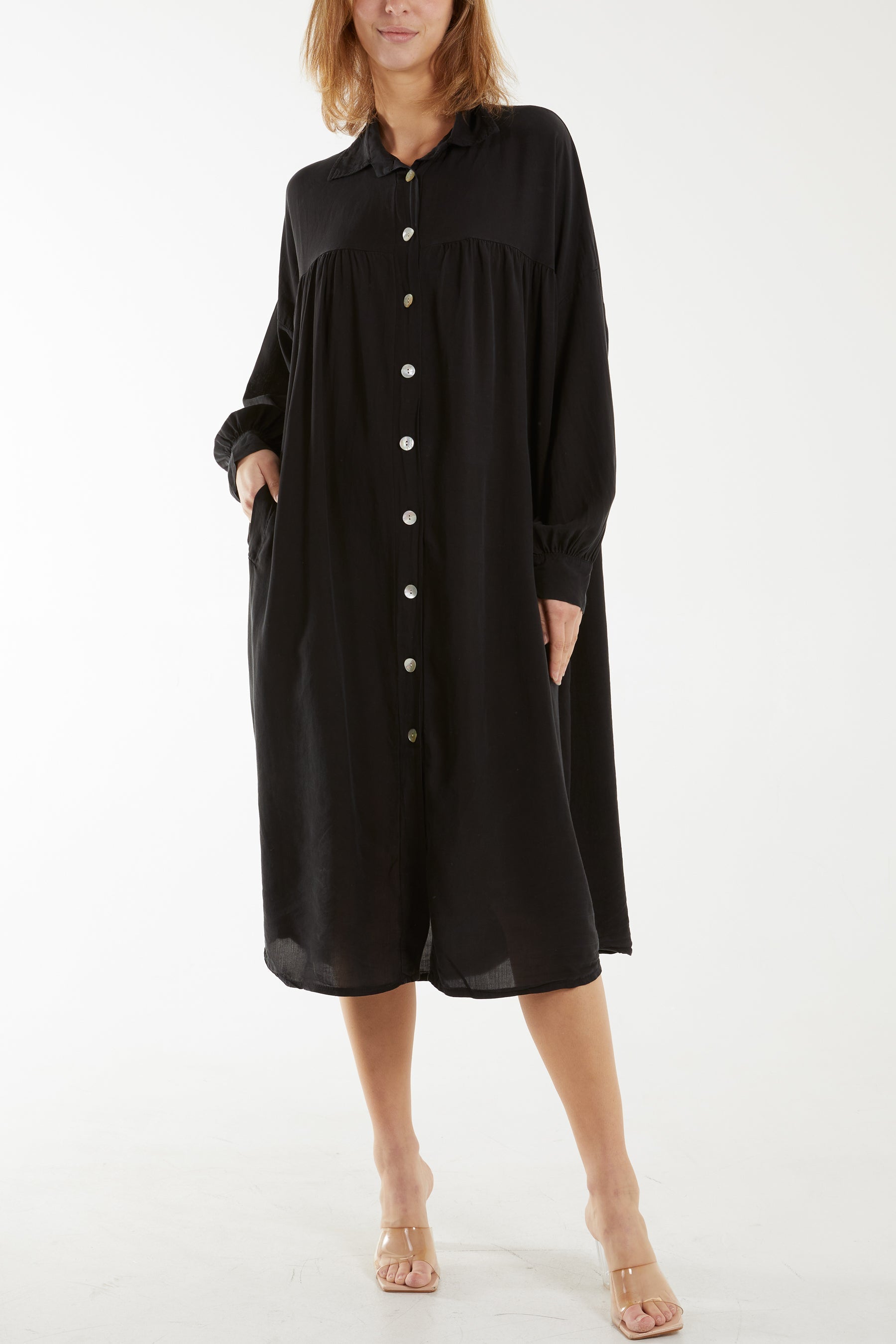 Long Sleeve Pockets Shirt Dress For Women  - Dropwear