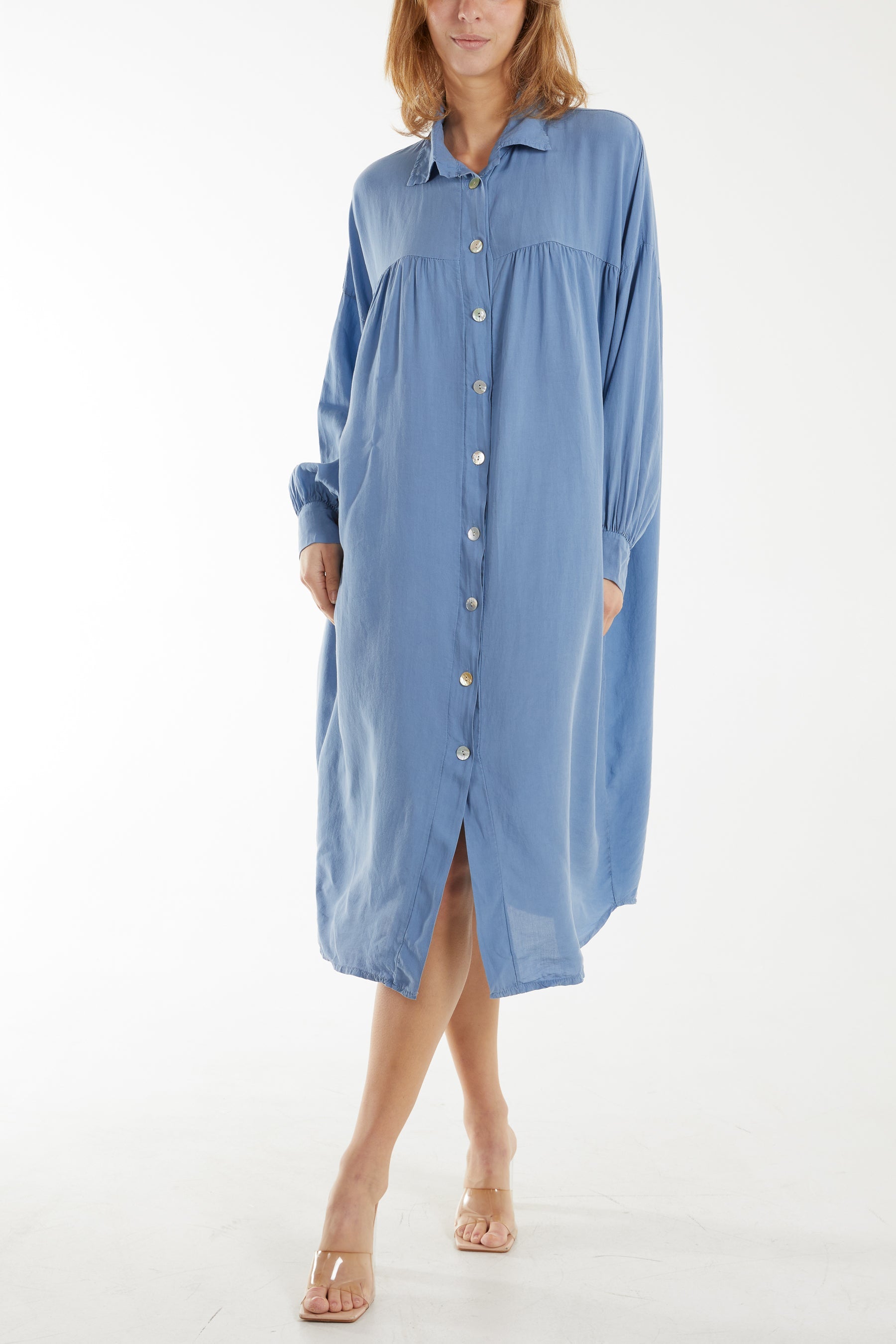 Stone Long Sleeve Pockets Shirt Dress For Women ONE SIZE - Dropwear