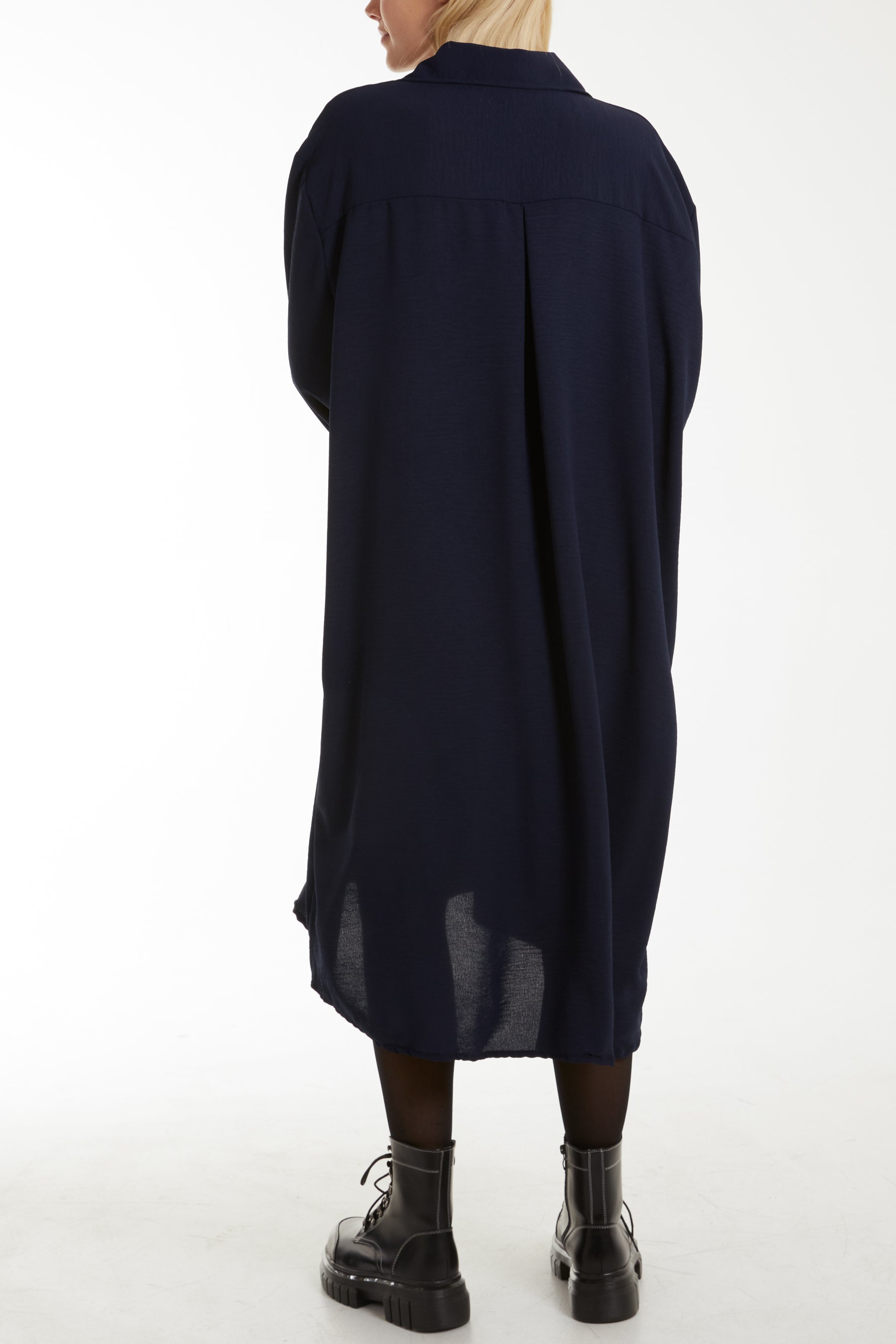 Navy Front Flaps Long Sleeve Shirt Dress For Women ONE SIZE - Dropwear