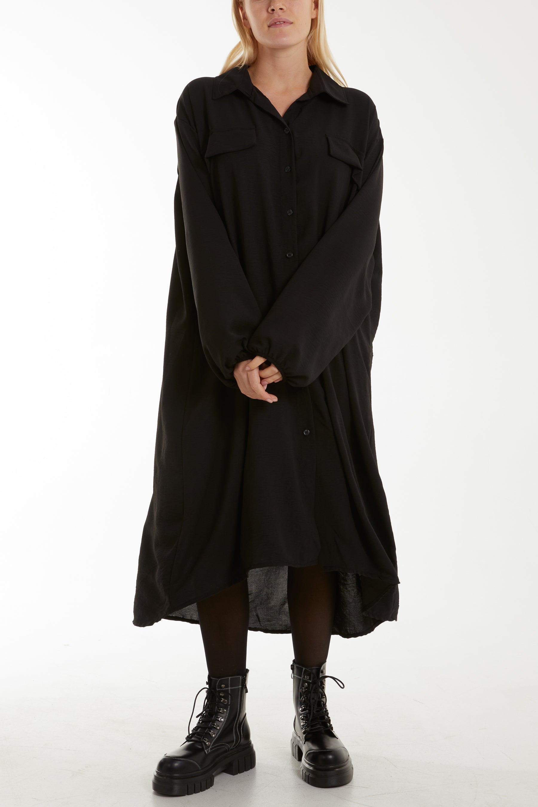Front Flaps Long Sleeve Shirt Dress For Women  - Dropwear