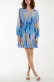 Light Blue Blurred Zig Zag Belted Mini Dress For Women ONE SIZE - Dropwear