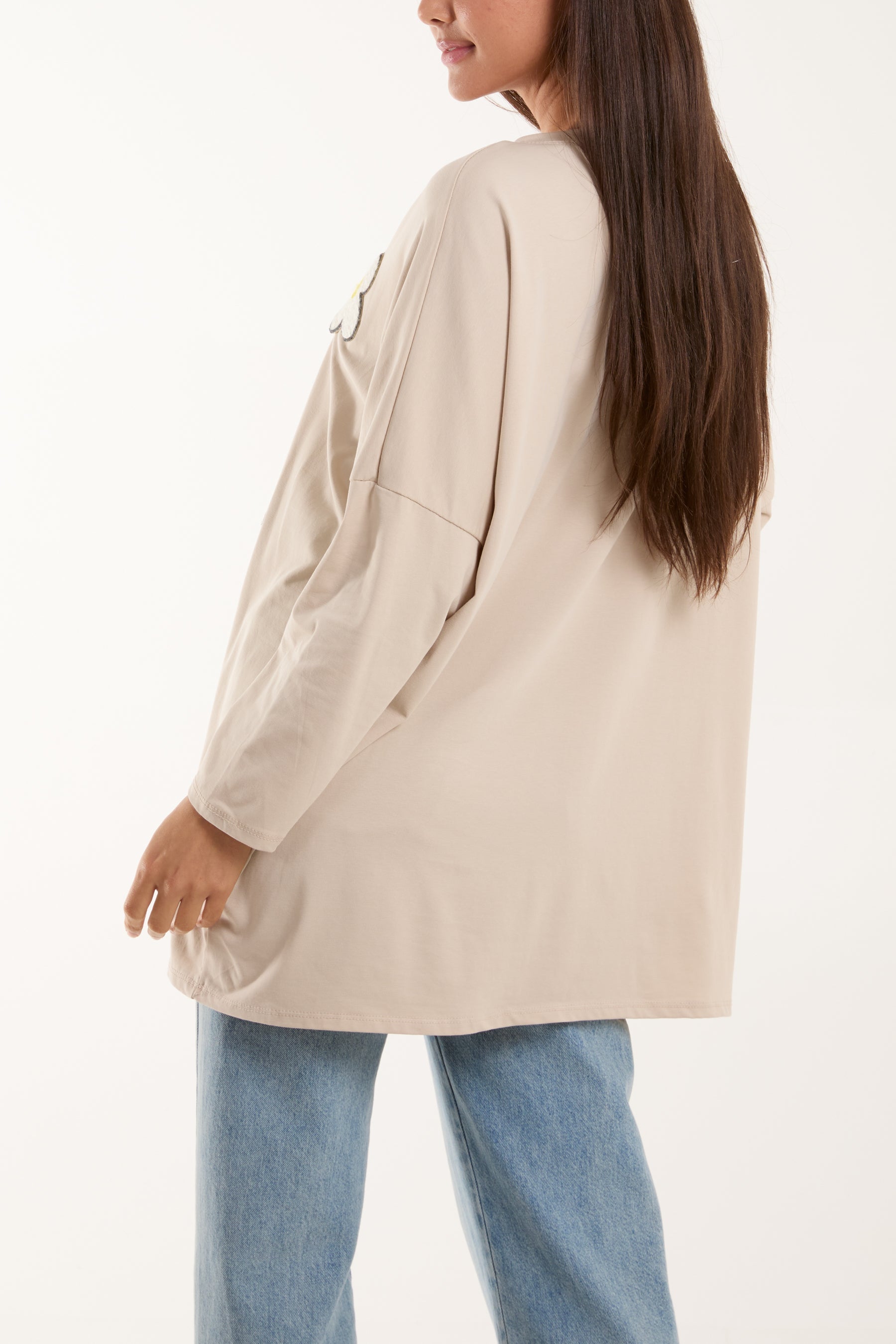 White Multicolour Fluffy Daisy Long Sleeve Top For Women ONE SIZE - Dropwear