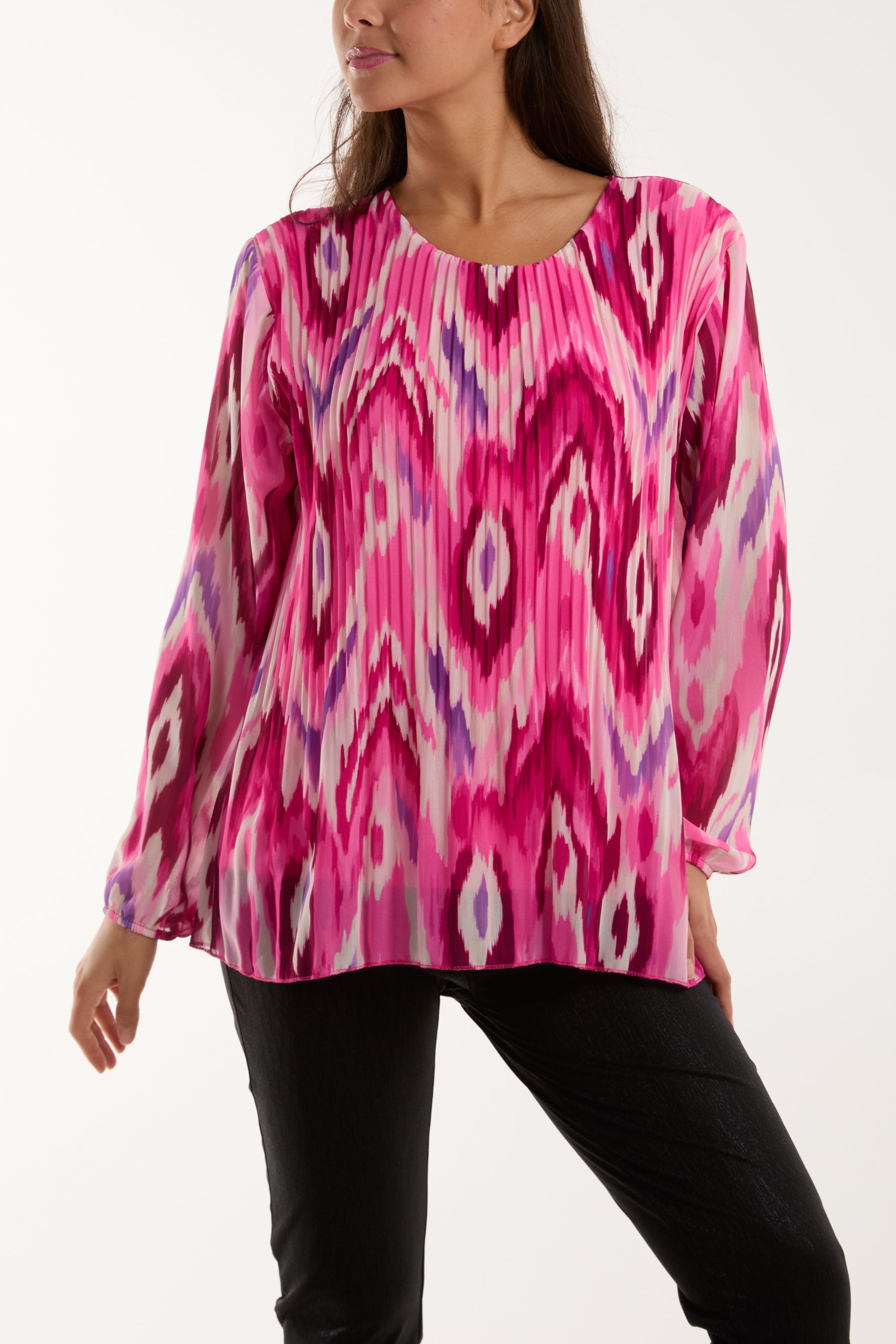 Orange Blurred Zig Zag Pleated Blouse For Women ONE SIZE - Dropwear