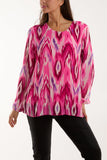 Orange Blurred Zig Zag Pleated Blouse For Women ONE SIZE - Dropwear