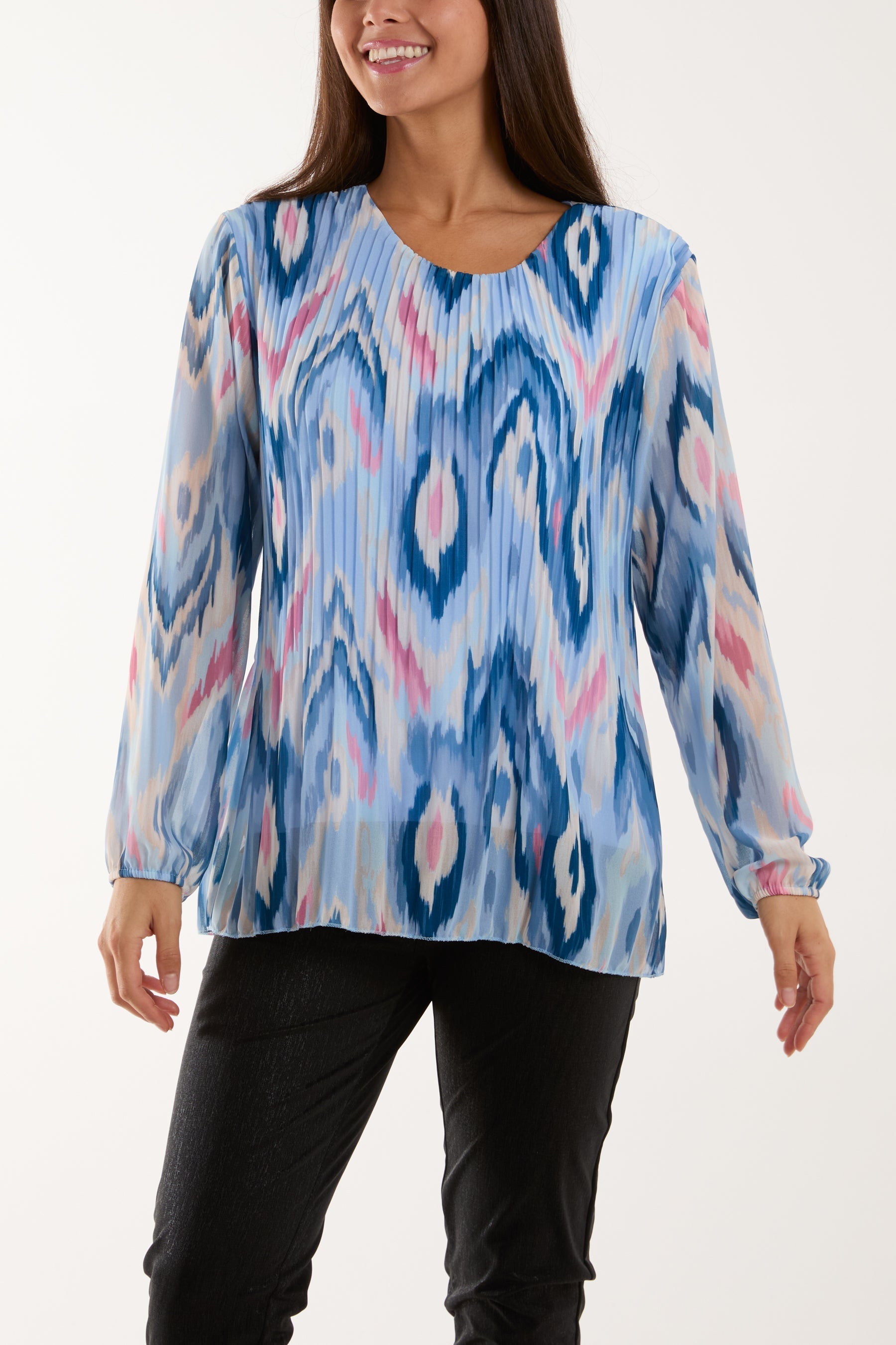Khaki Blurred Zig Zag Pleated Blouse For Women ONE SIZE - Dropwear