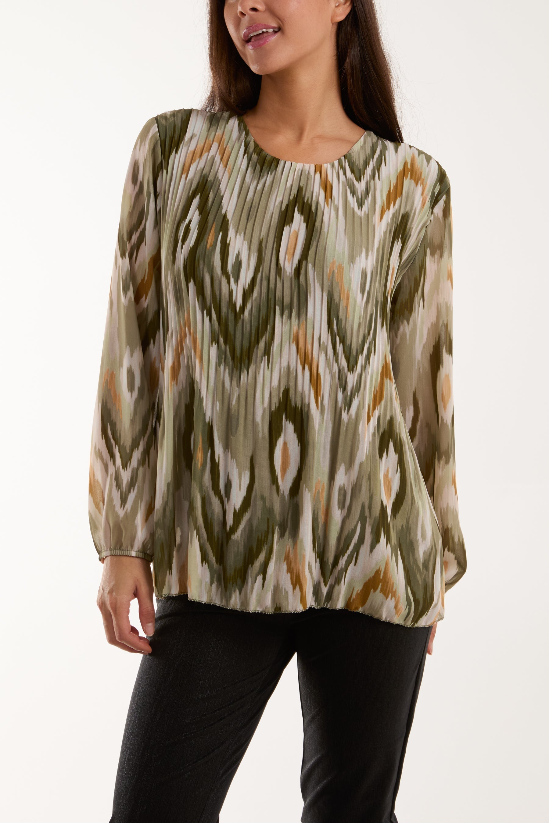 Light Blue Blurred Zig Zag Pleated Blouse For Women ONE SIZE - Dropwear