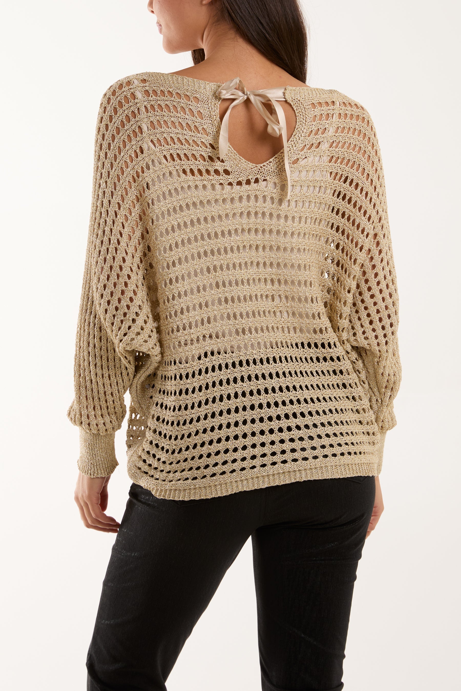 Gold Satin Bow Back Crochet Knit Top For Women ONE SIZE - Dropwear
