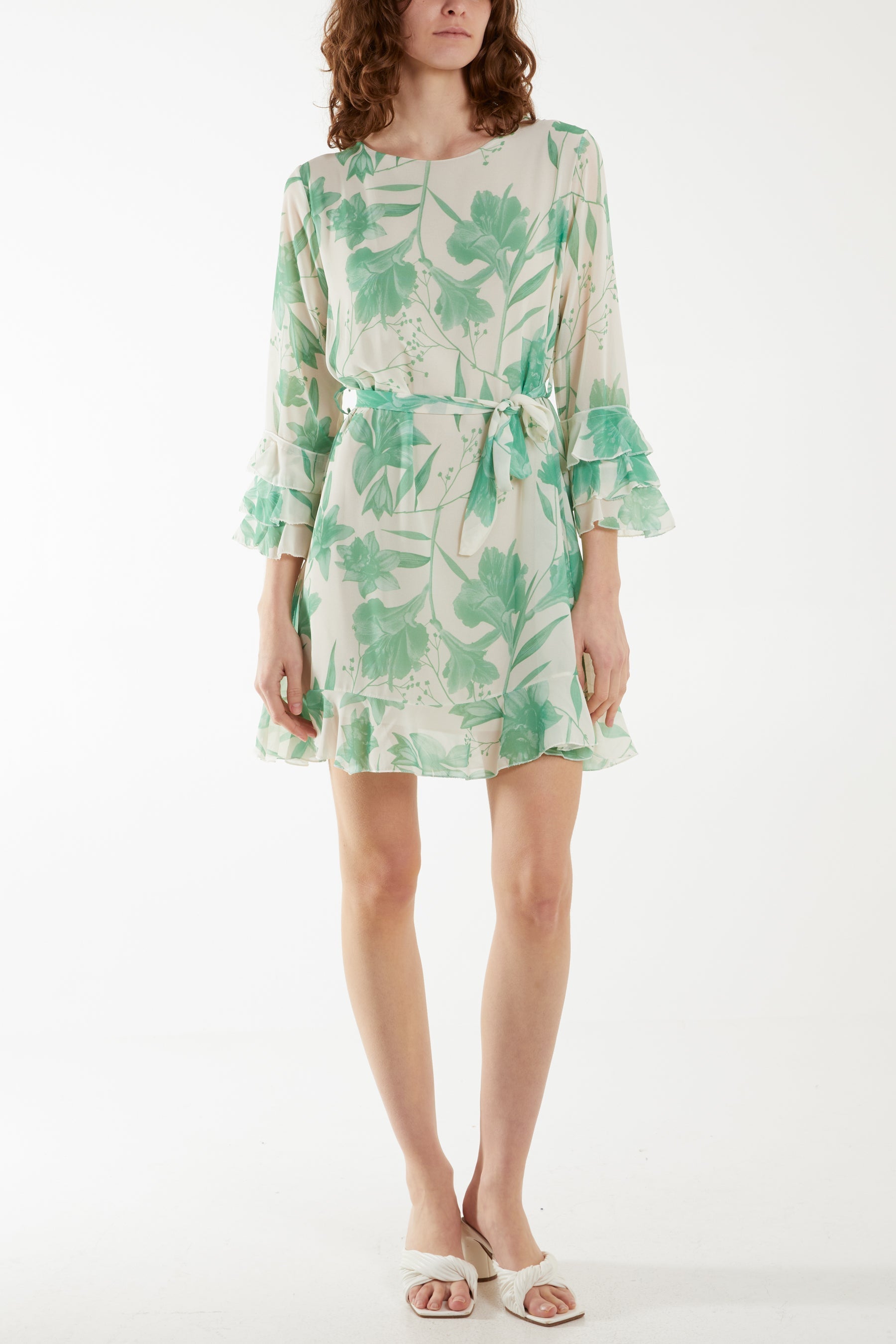 Jade Lily Print Sleeve Detail Mini Dress For Women S-M-L - Dropwear