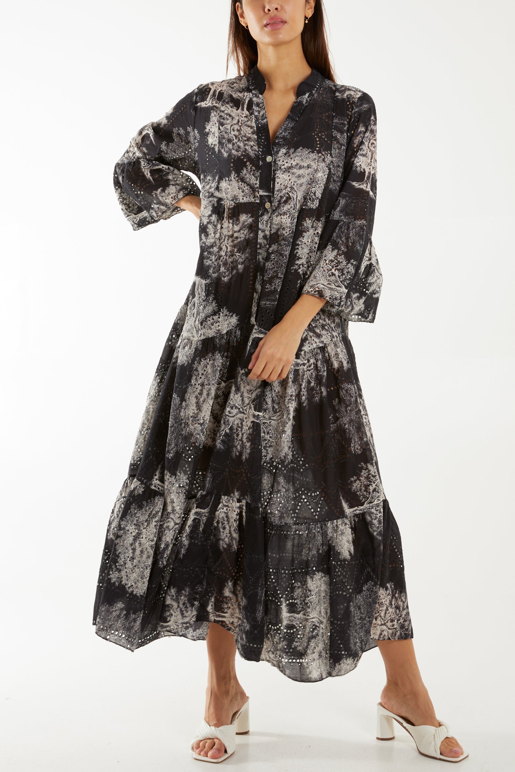 Broderie Anglaise Trees Tiered Maxi Dress For Women  - Dropwear