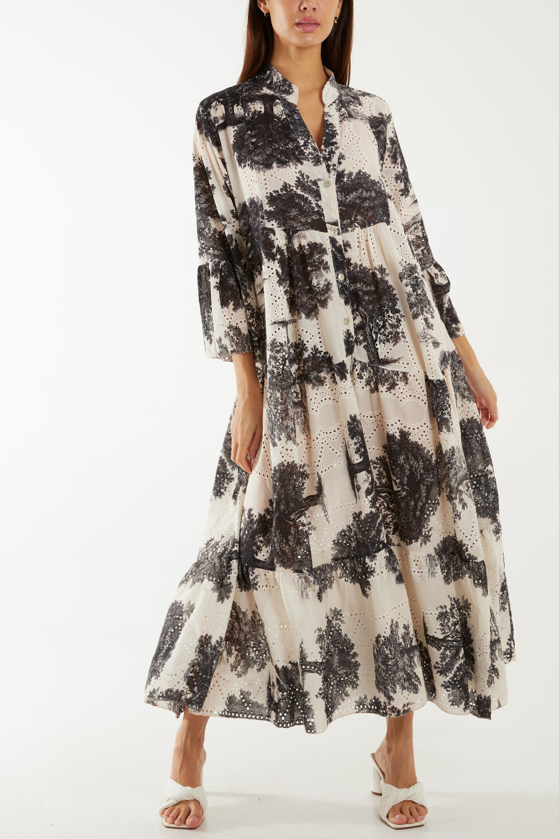 Broderie Anglaise Trees Tiered Maxi Dress For Women  - Dropwear