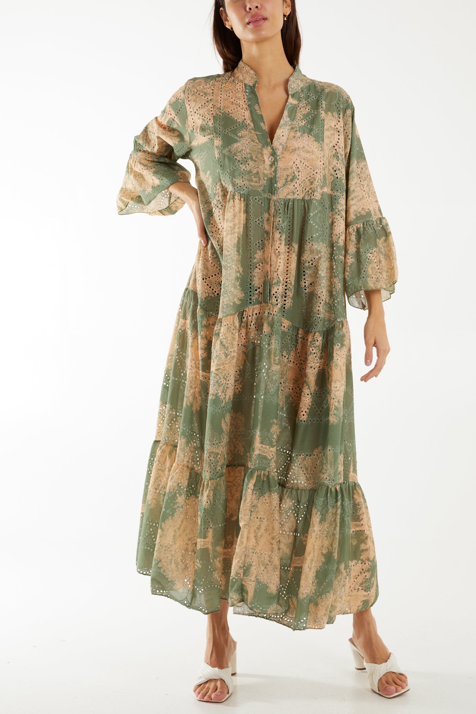 Stone Broderie Anglaise Trees Tiered Maxi Dress For Women ONE SIZE - Dropwear