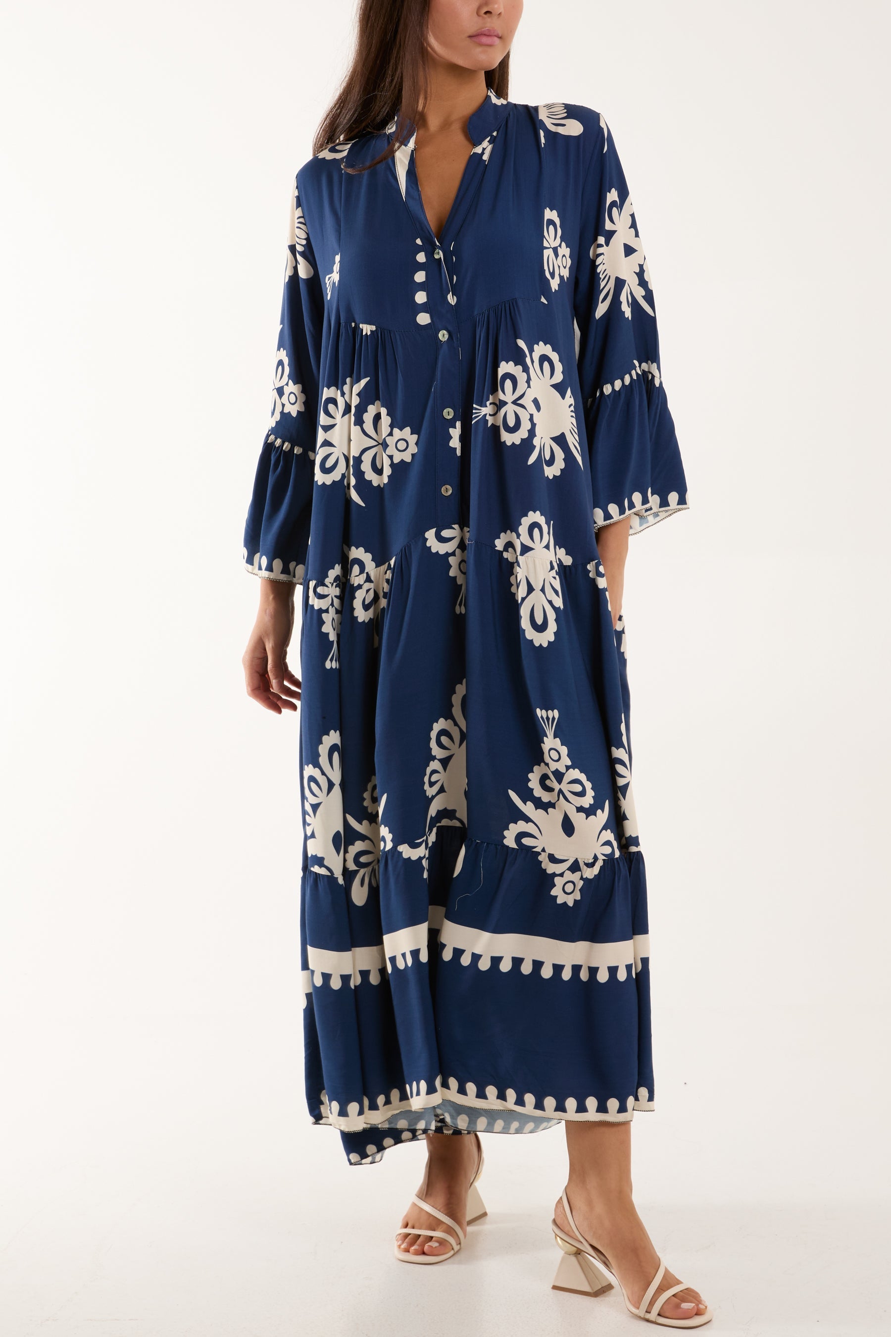 Khaki Printed Tiered Maxi Dress For Women ONE SIZE - Dropwear