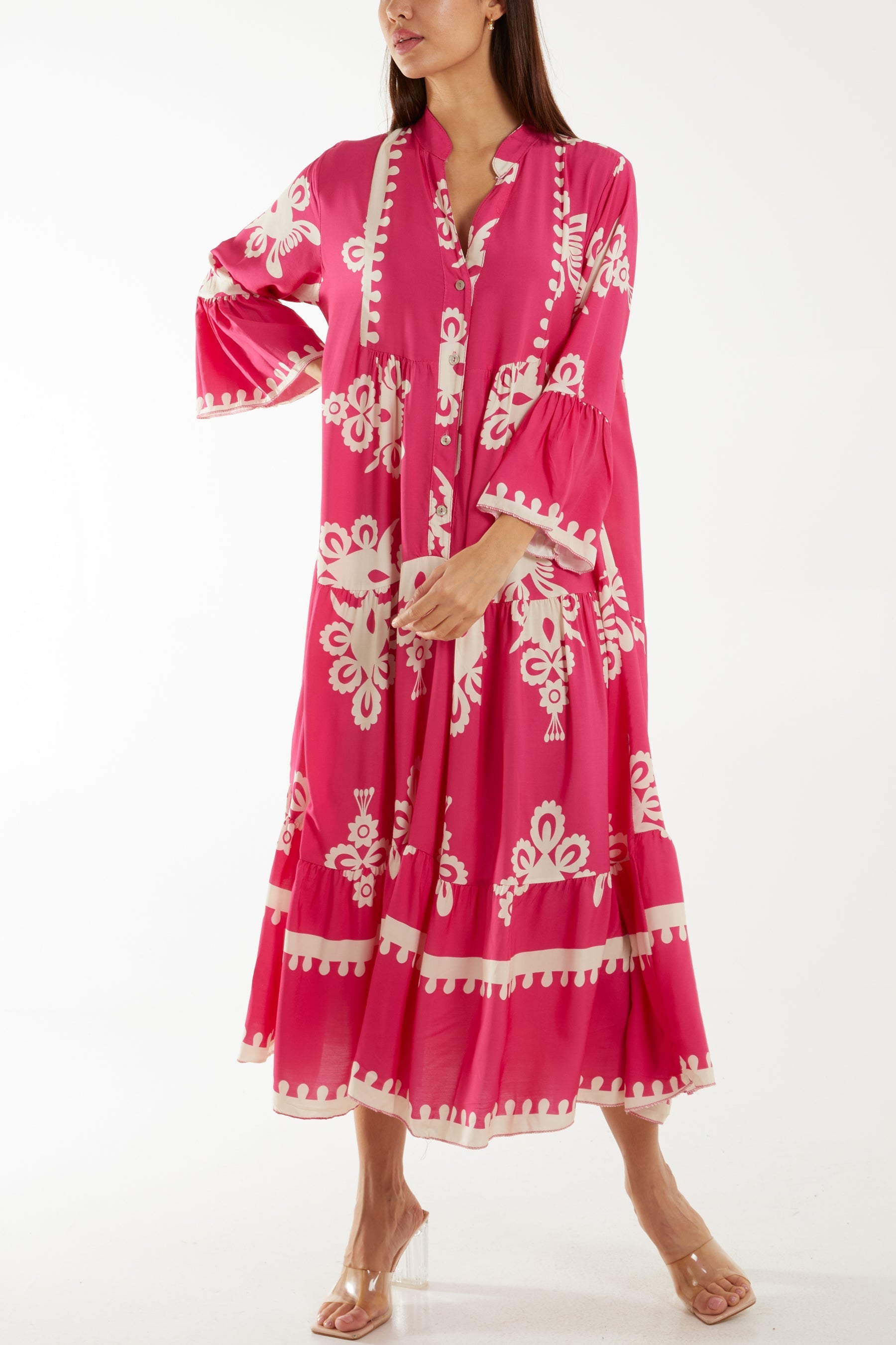 Hot Pink Printed Tiered Maxi Dress For Women ONE SIZE - Dropwear
