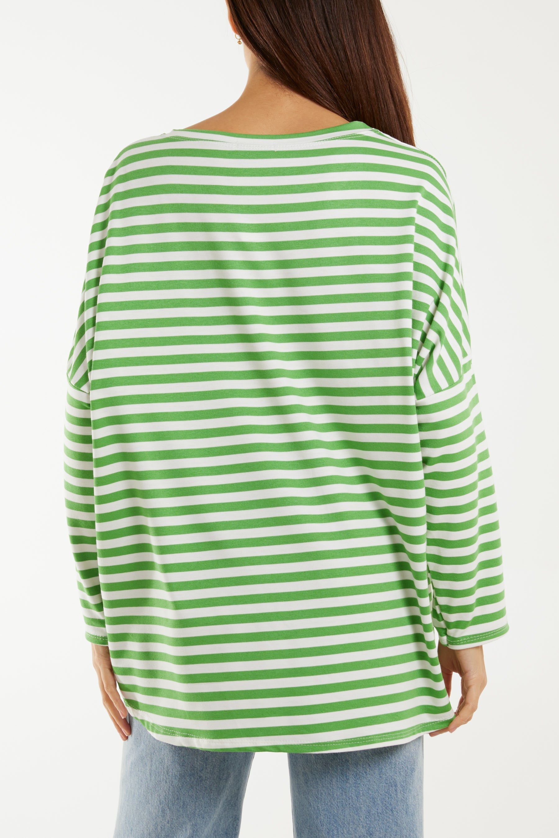 Light Blue Heart Detail Long Sleeve Stripe Top For Women ONE SIZE - Dropwear