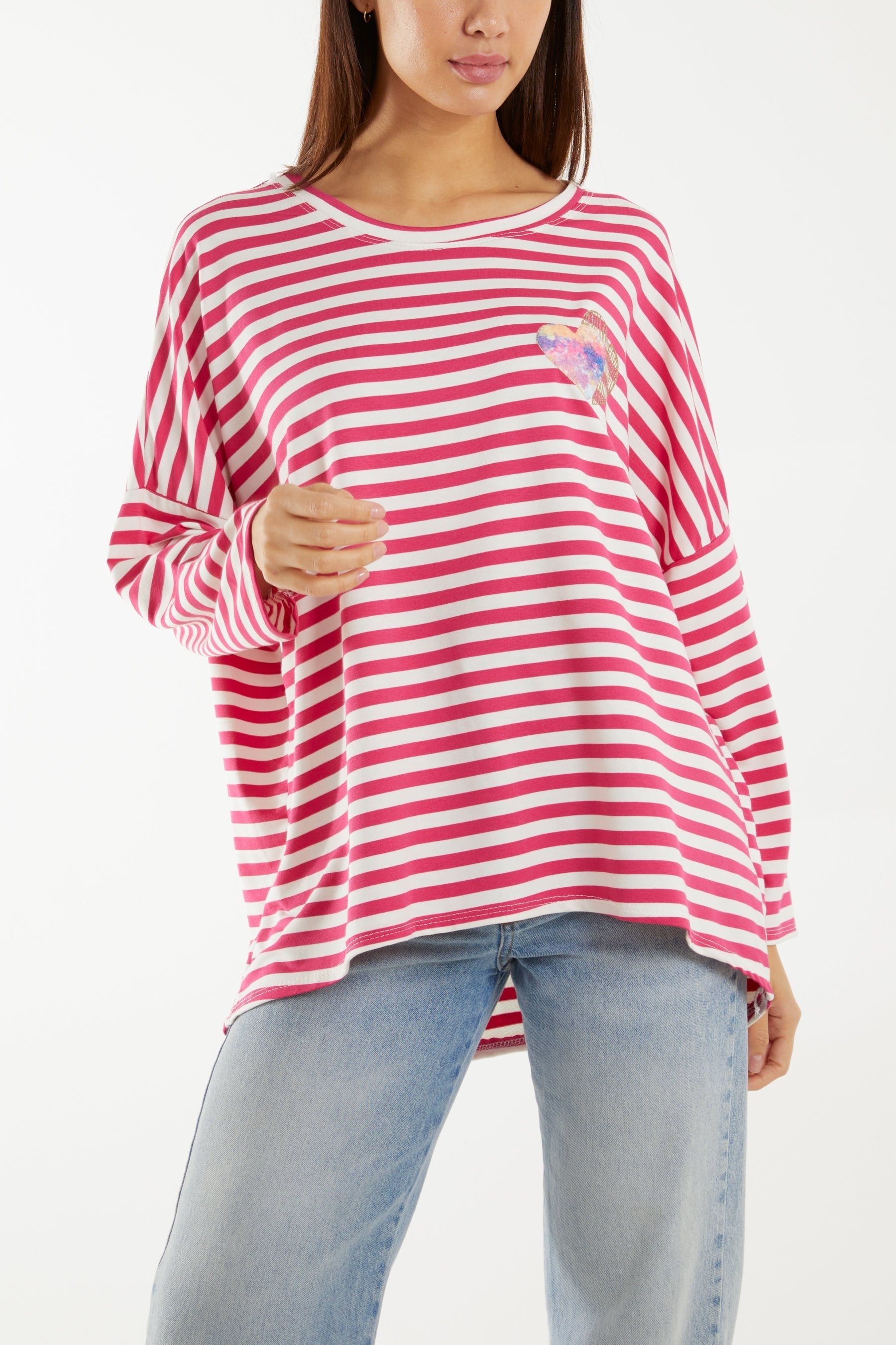 Navy Heart Detail Long Sleeve Stripe Top For Women ONE SIZE - Dropwear