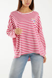 Navy Heart Detail Long Sleeve Stripe Top For Women ONE SIZE - Dropwear