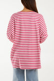 Hot Pink Heart Detail Long Sleeve Stripe Top For Women ONE SIZE - Dropwear