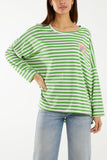Apple Green Heart Detail Long Sleeve Stripe Top For Women ONE SIZE - Dropwear