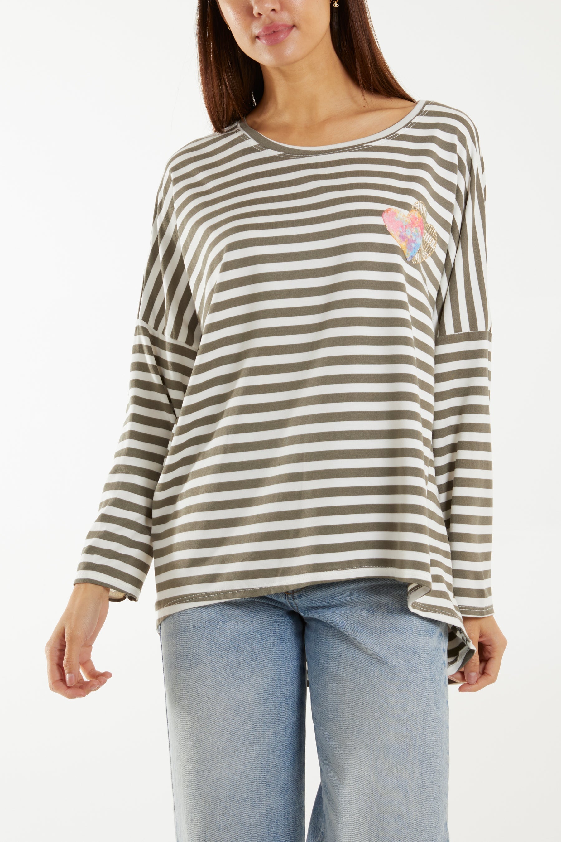 Heart Detail Long Sleeve Stripe Top For Women  - Dropwear