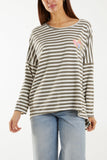 Heart Detail Long Sleeve Stripe Top For Women  - Dropwear