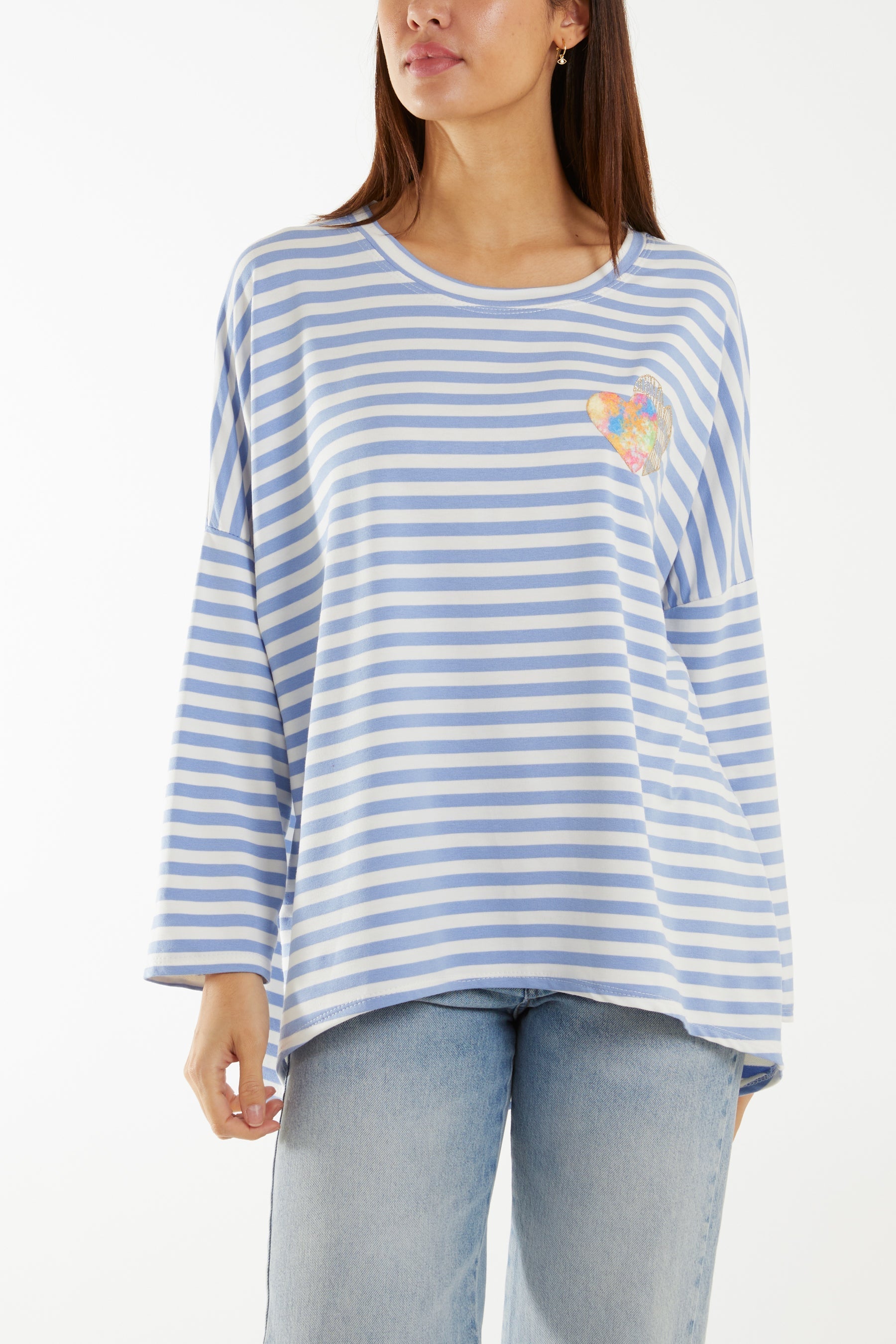 Heart Detail Long Sleeve Stripe Top For Women  - Dropwear