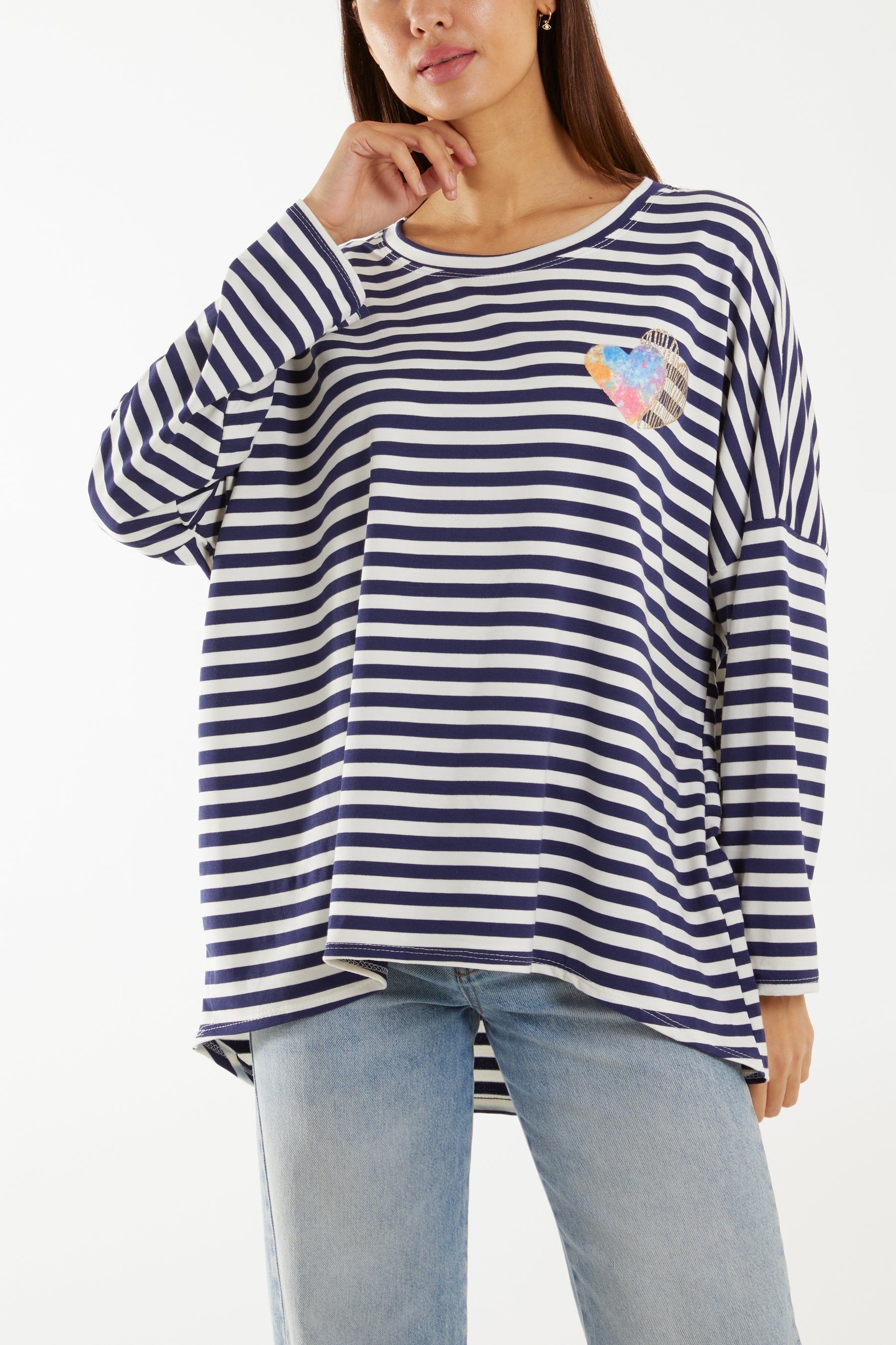 Black Heart Detail Long Sleeve Stripe Top For Women ONE SIZE - Dropwear