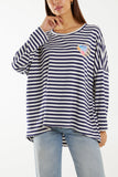Black Heart Detail Long Sleeve Stripe Top For Women ONE SIZE - Dropwear