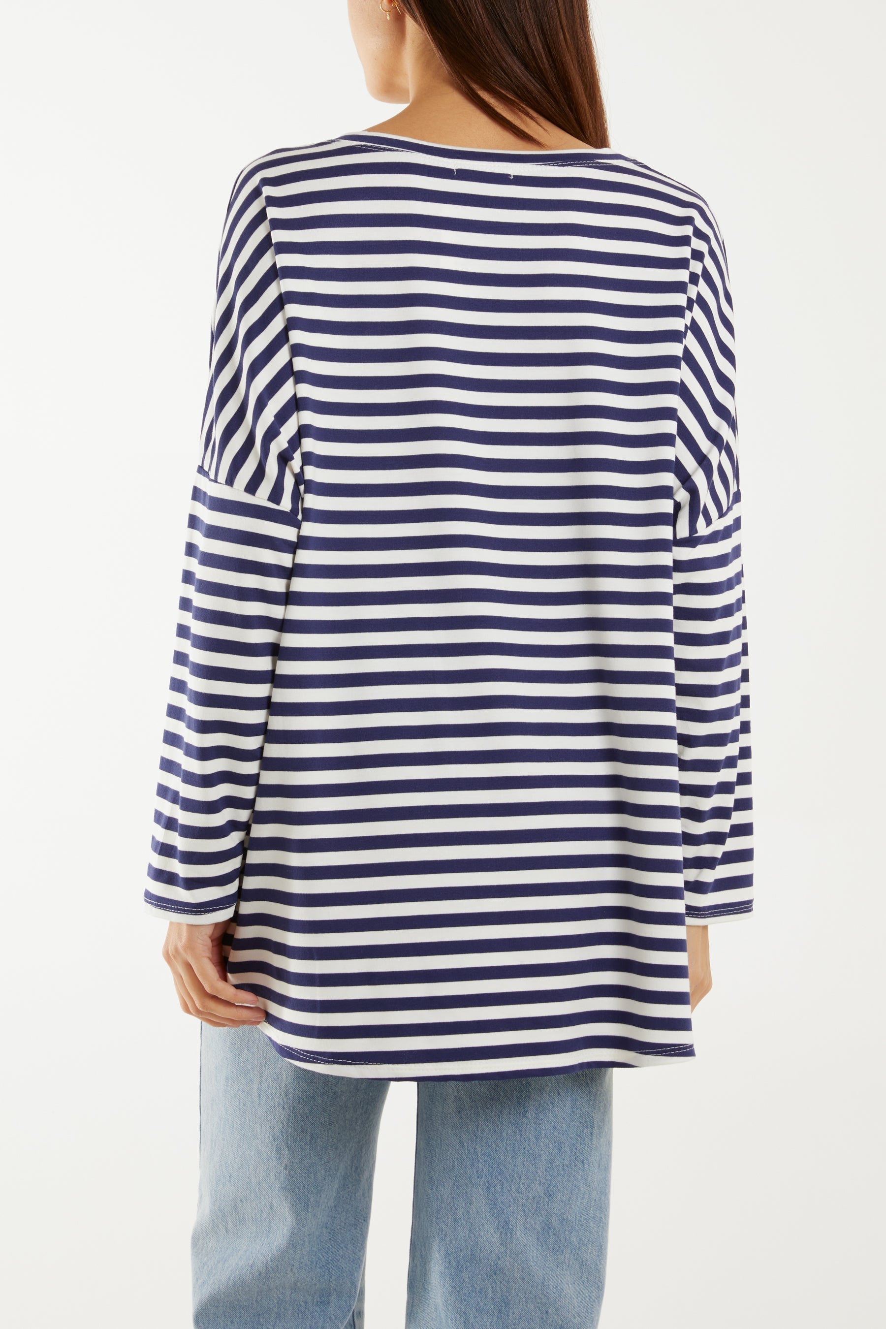 Mocha Heart Detail Long Sleeve Stripe Top For Women ONE SIZE - Dropwear