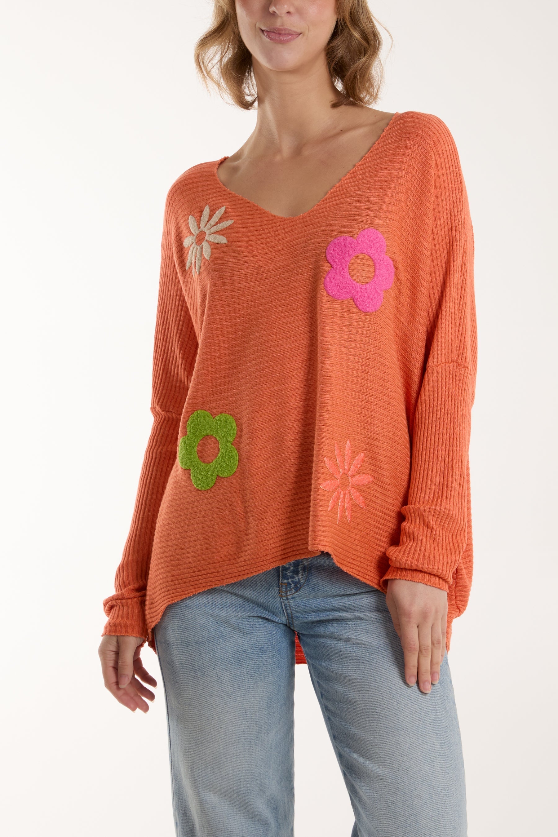 Stone Wool Blend Floral Ribbed Knit Jumper For Women ONE SIZE - Dropwear