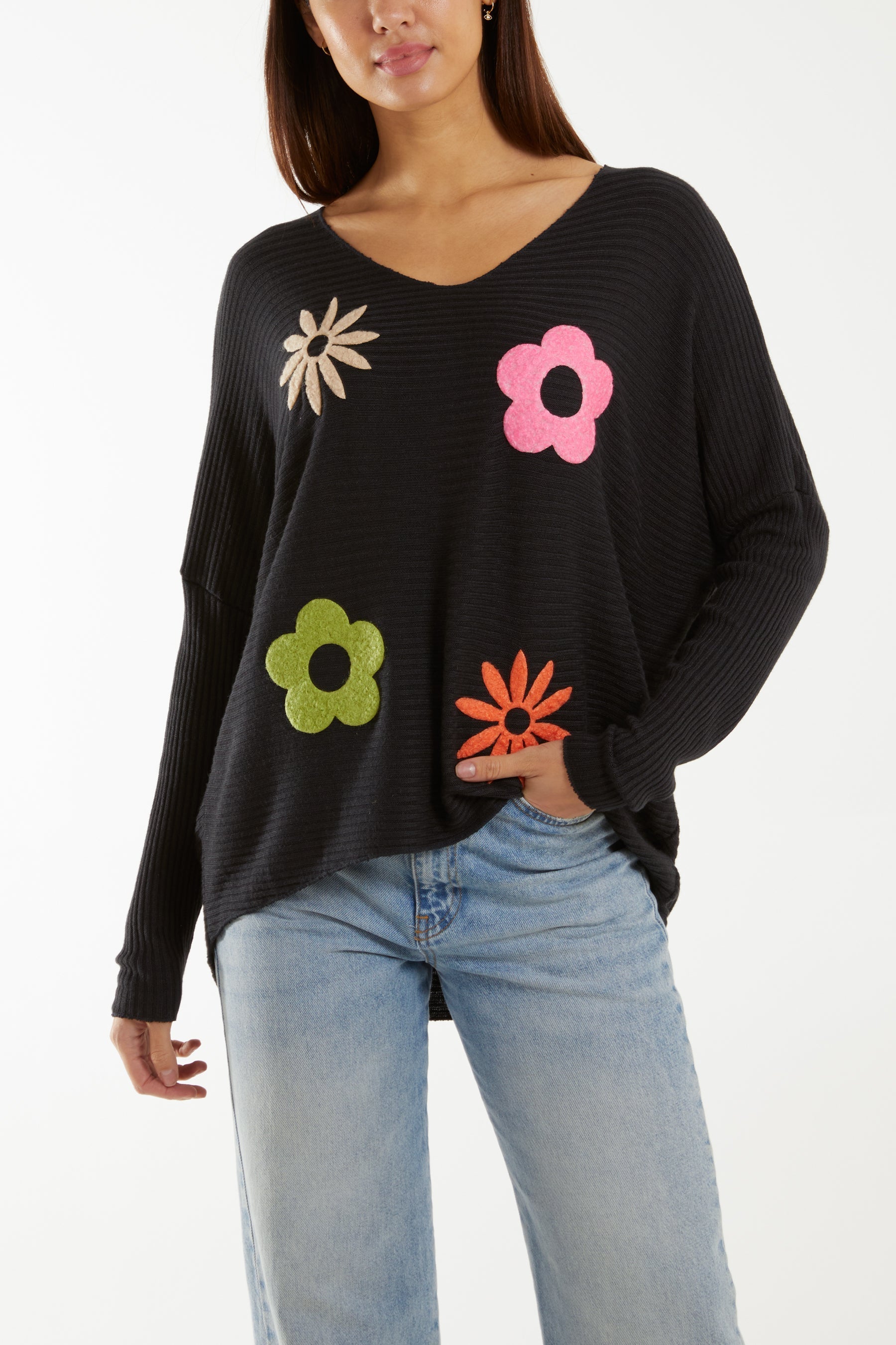 Wool Blend Floral Ribbed Knit Jumper For Women  - Dropwear