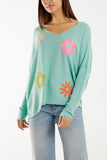 Denim Wool Blend Floral Ribbed Knit Jumper For Women ONE SIZE - Dropwear