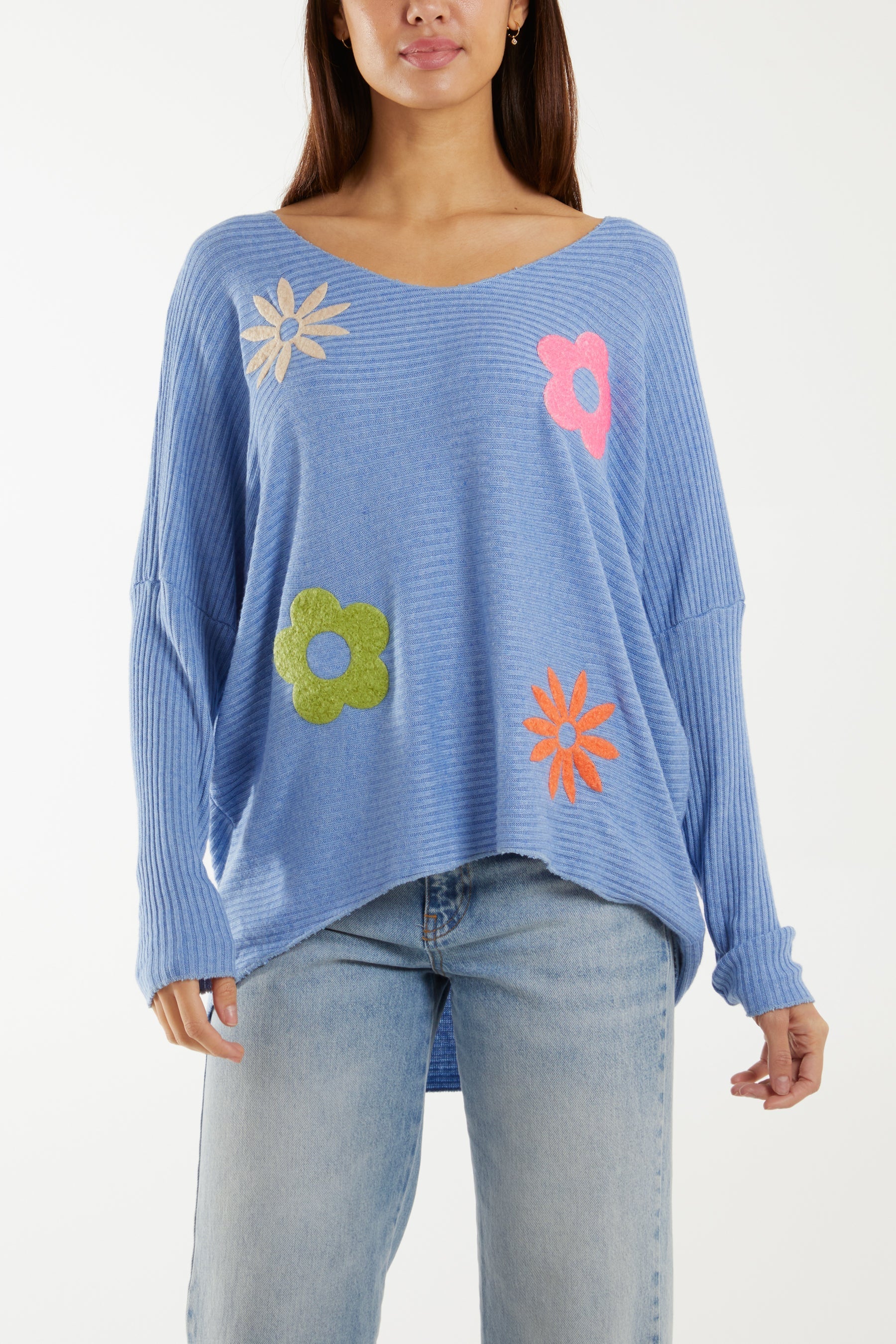 Hot Pink Wool Blend Floral Ribbed Knit Jumper For Women ONE SIZE - Dropwear