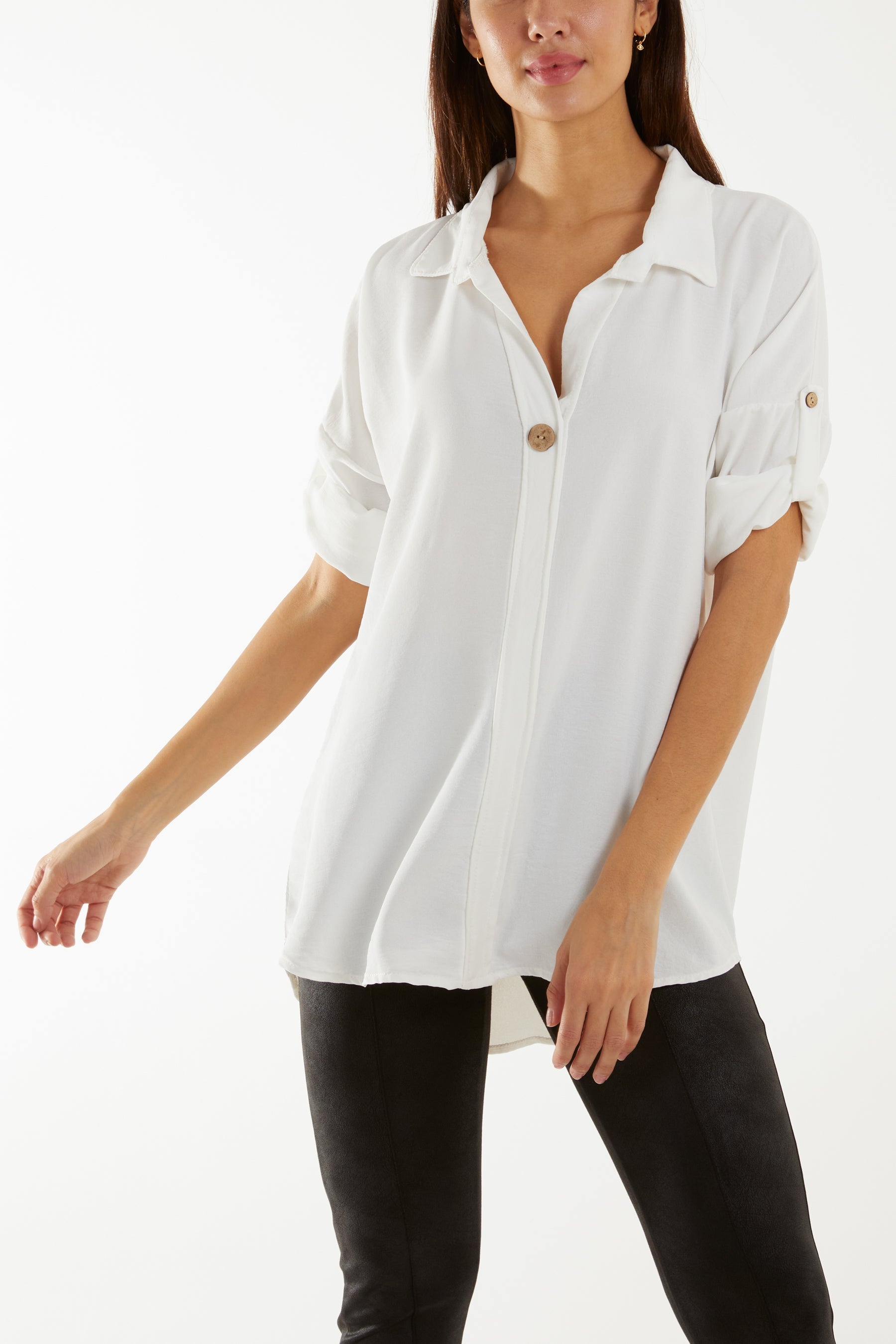 Open Collar Wooden Button Blouse For Women  - Dropwear