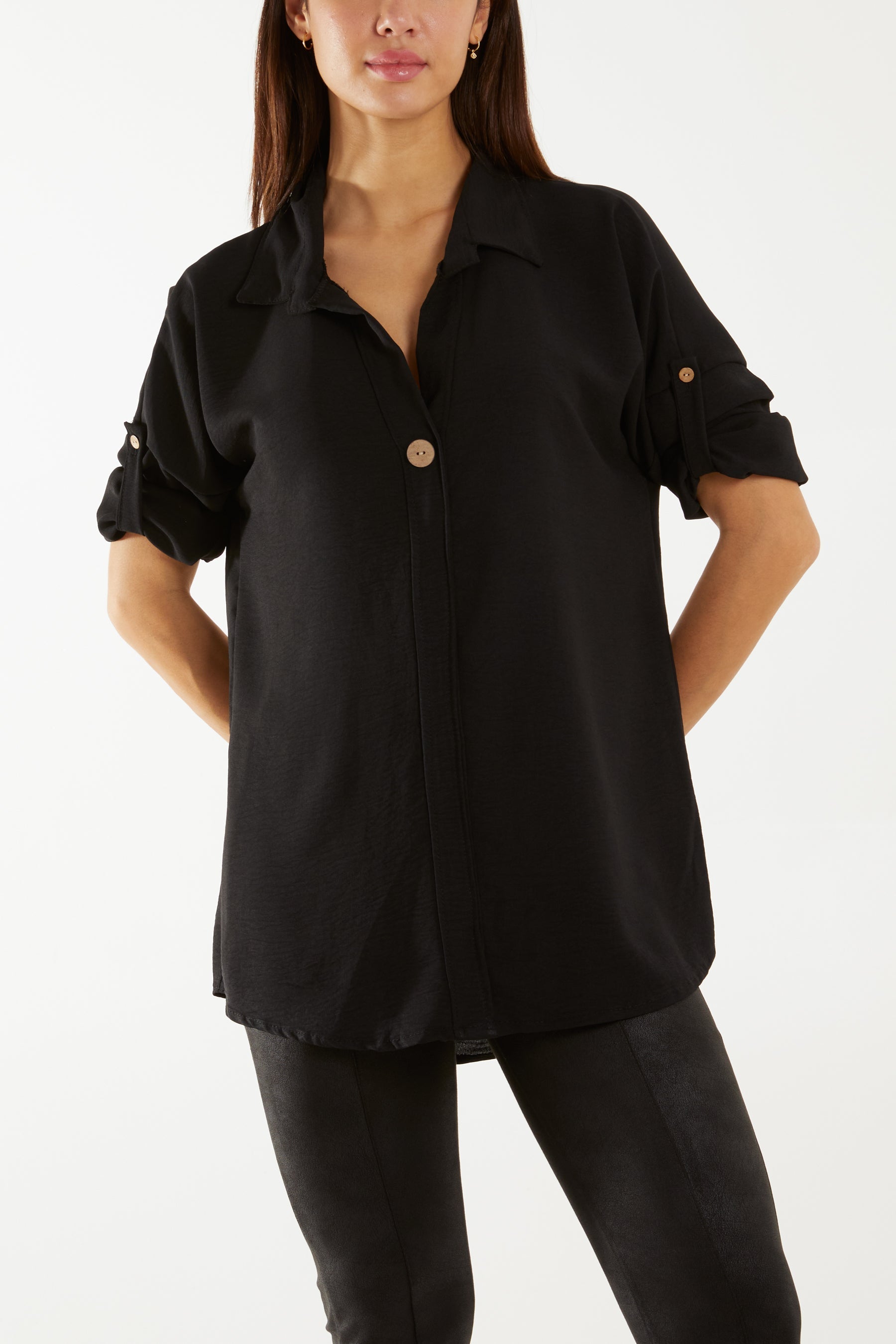 Open Collar Wooden Button Blouse For Women  - Dropwear