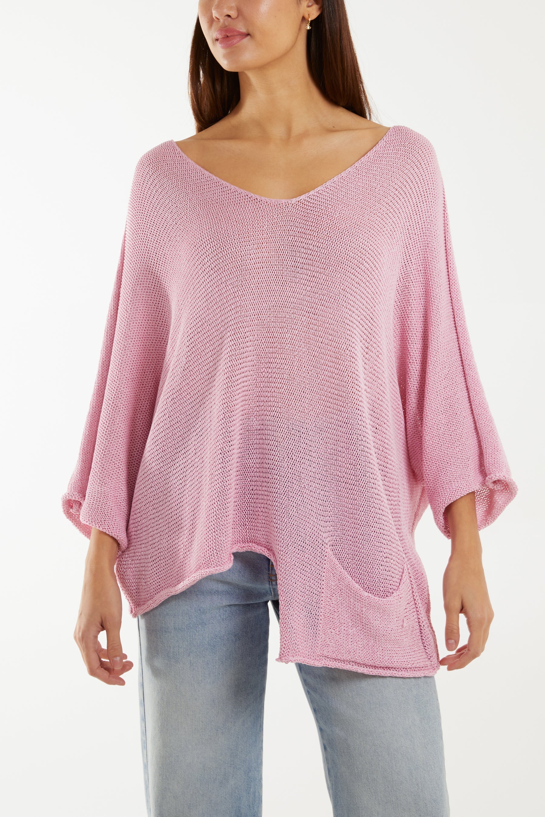 Light Blue Cotton Crochet Asymmetric Hem Jumper For Women ONE SIZE - Dropwear