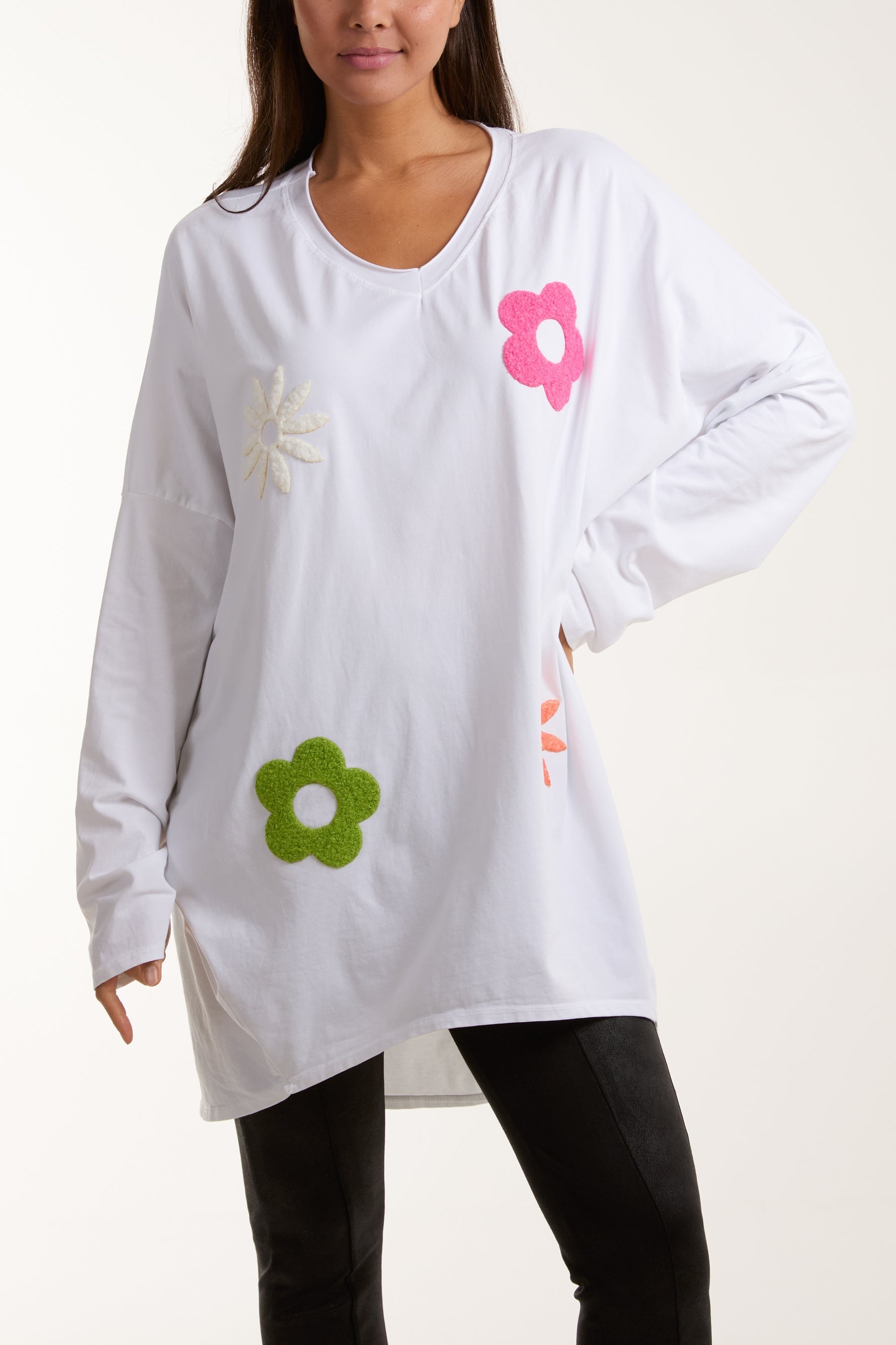 Light Blue V-Neck Multicolour Flower Oversized Top For Women ONE SIZE - Dropwear