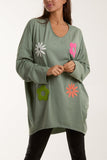 Black V-Neck Multicolour Flower Oversized Top For Women ONE SIZE - Dropwear