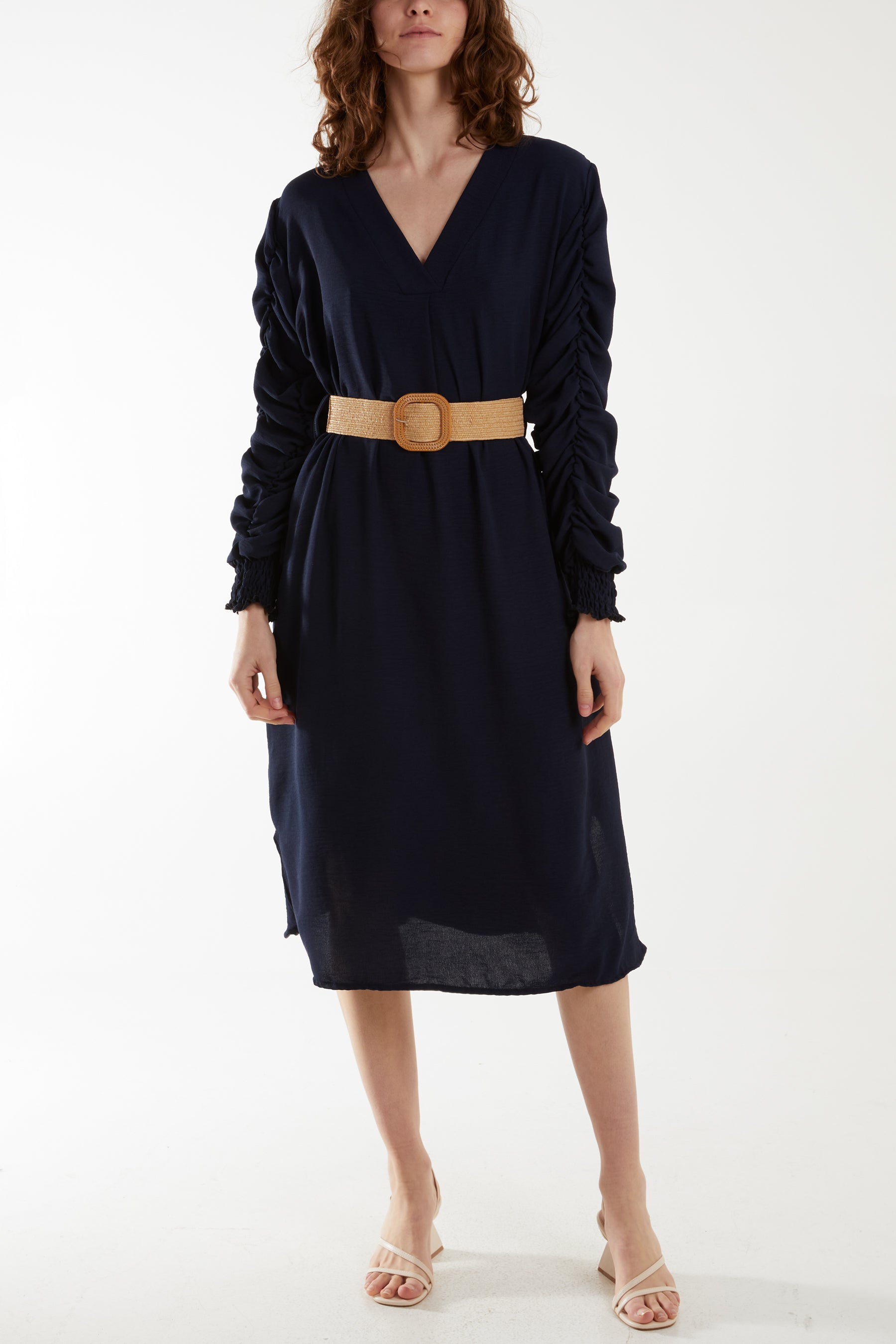 Ruffle Sleeve Pelted Midi Dress For Women  - Dropwear