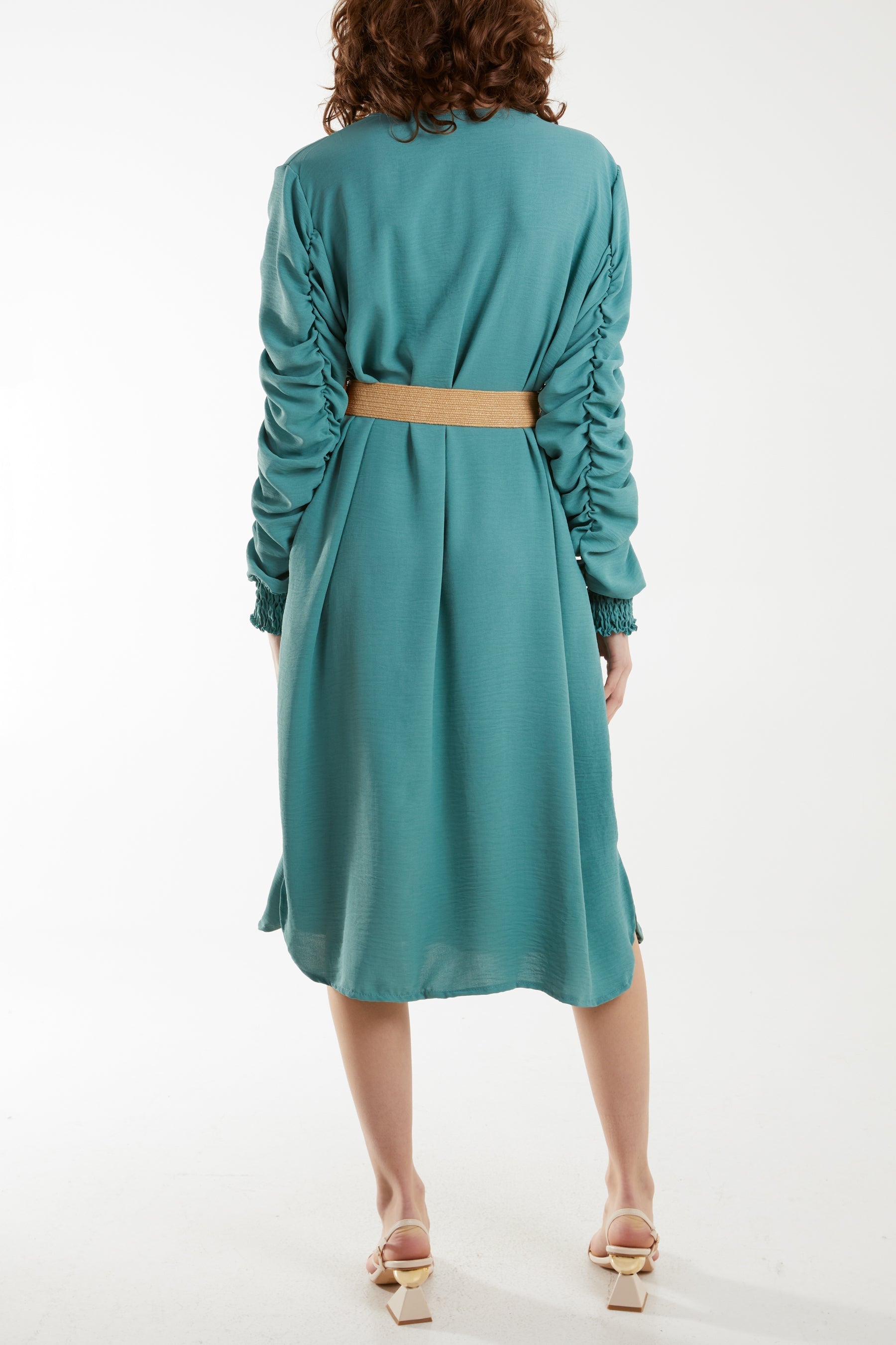 Khaki Ruffle Sleeve Pelted Midi Dress For Women ONE SIZE - Dropwear