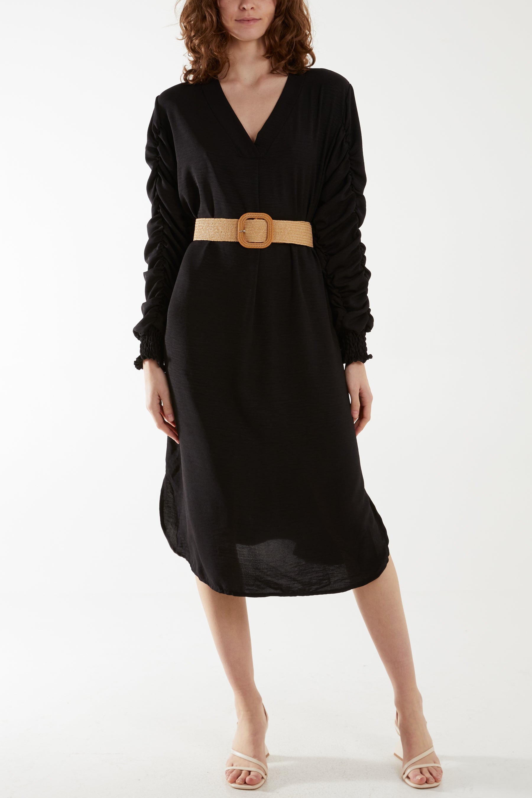 Ruffle Sleeve Pelted Midi Dress For Women  - Dropwear