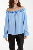 Black Bardot Ruffle Bubble Hem Blouse For Women ONE SIZE - Dropwear