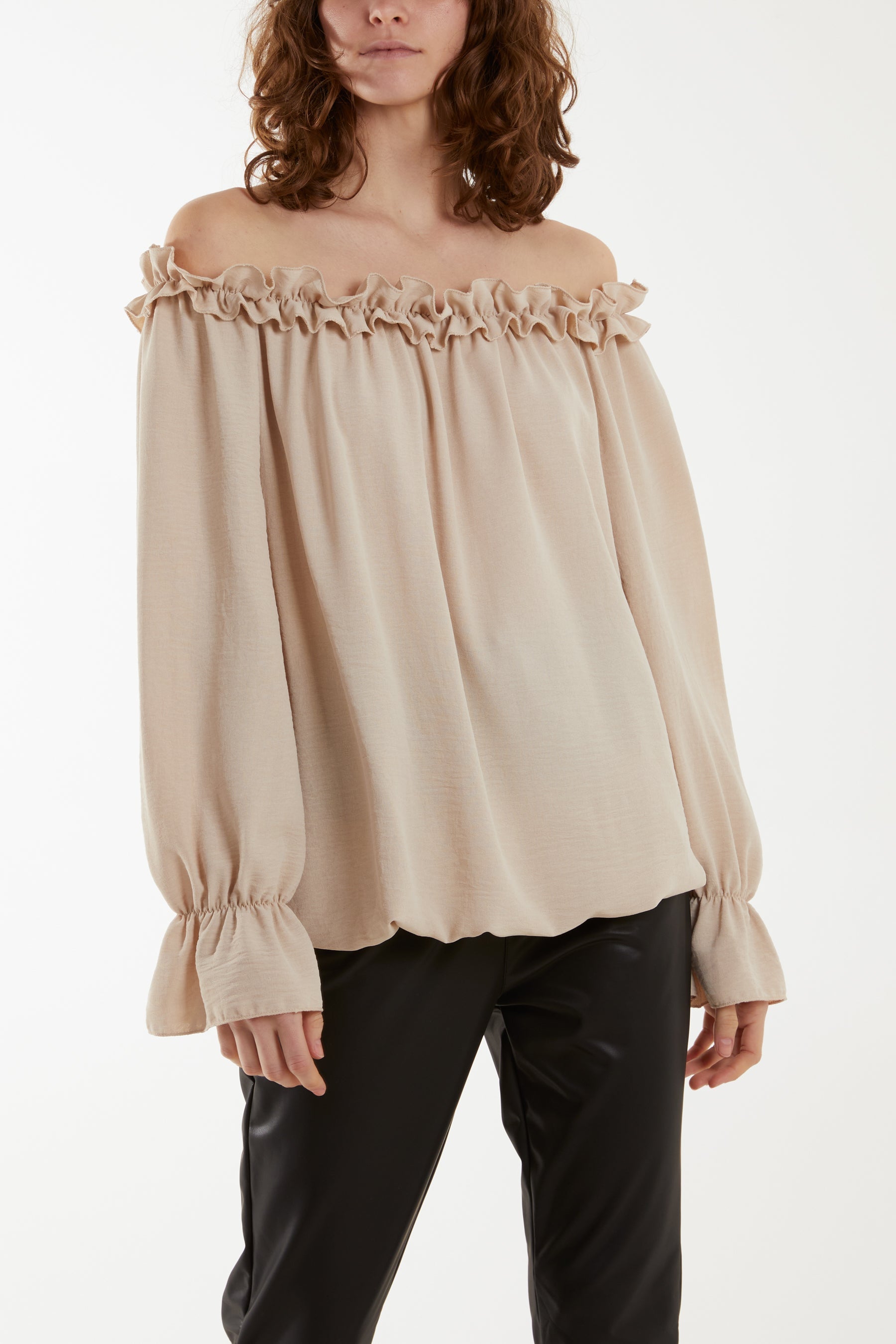 Beige Bardot Ruffle Bubble Hem Blouse For Women ONE SIZE - Dropwear